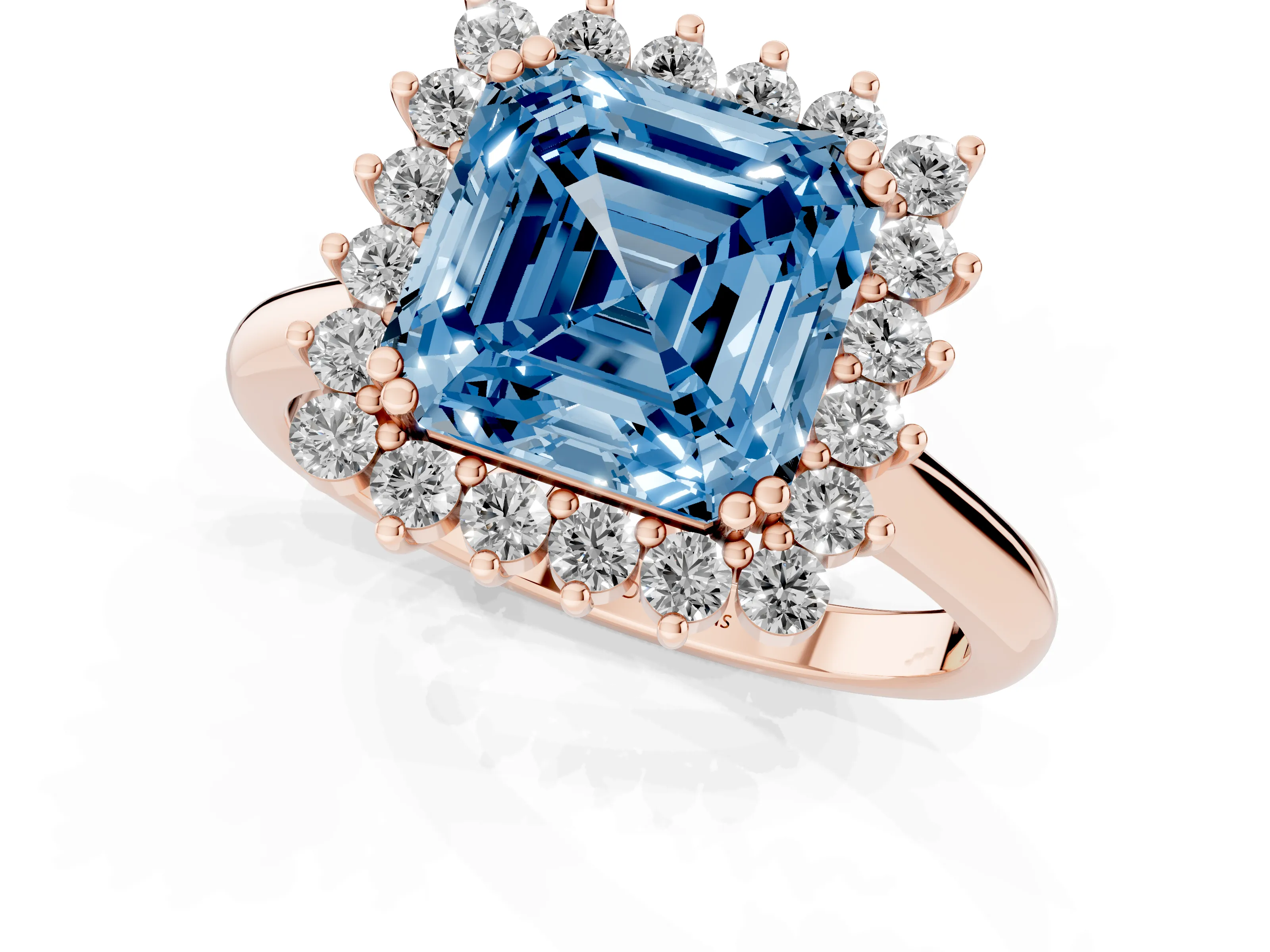 Fancy Blue Asscher Cut Diamond Halo Ring Set in Rose gold with Plain Solitaire Band and Prong Setting
