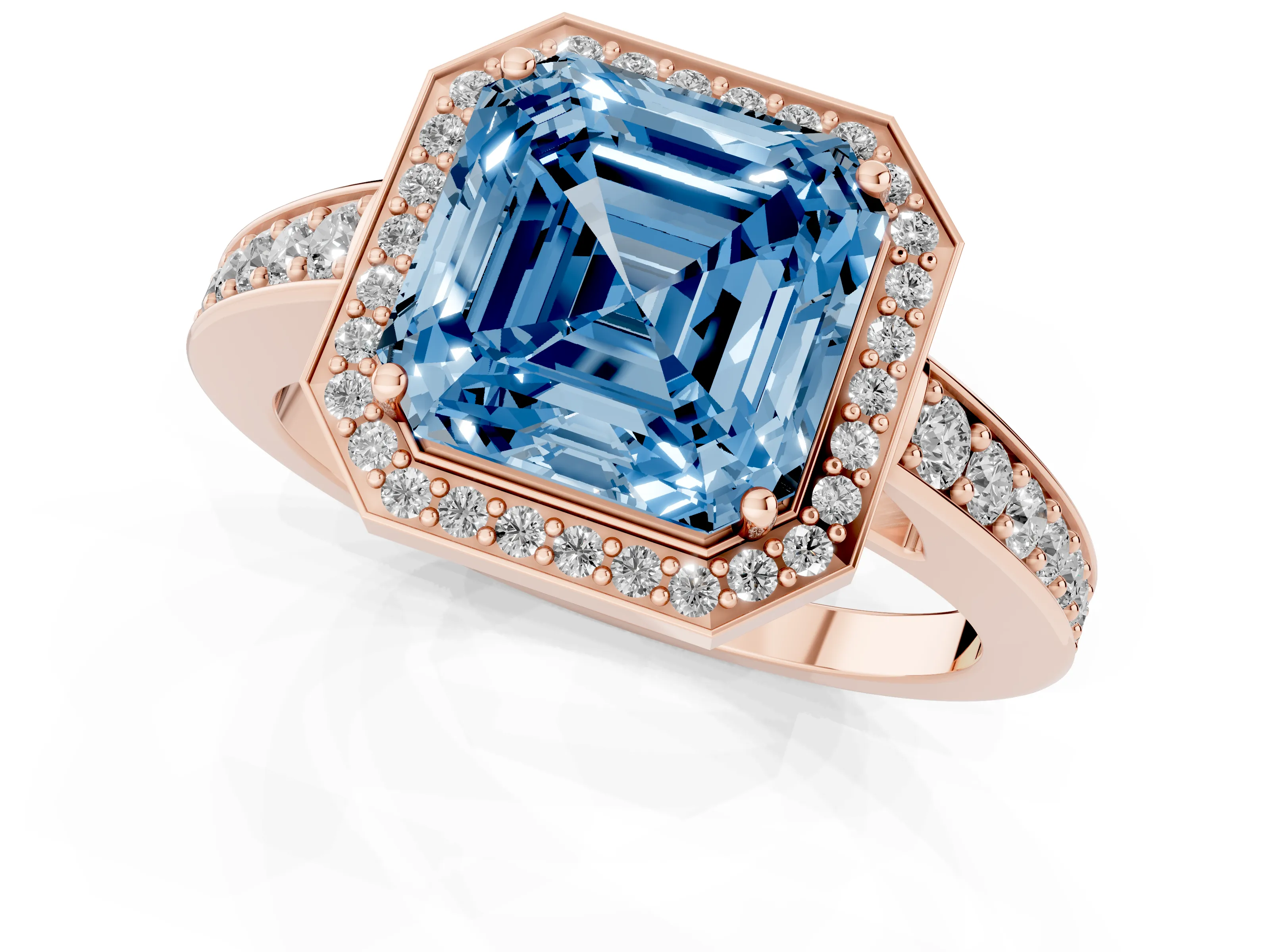 Fancy Blue Asscher Cut Diamond Halo Pavé Engagement Ring Set in Rose gold with Bezel Setting