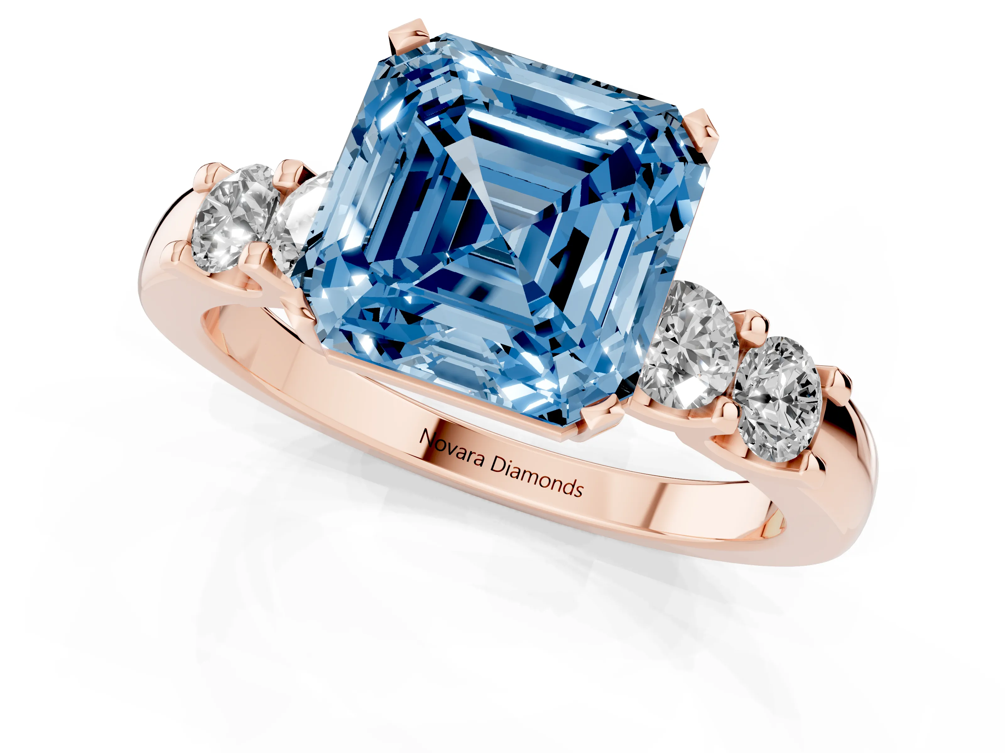 Fancy Blue Asscher Cut Diamond Five-Stone Prong Set Engagement Ring Set in Rose gold with Channel Band