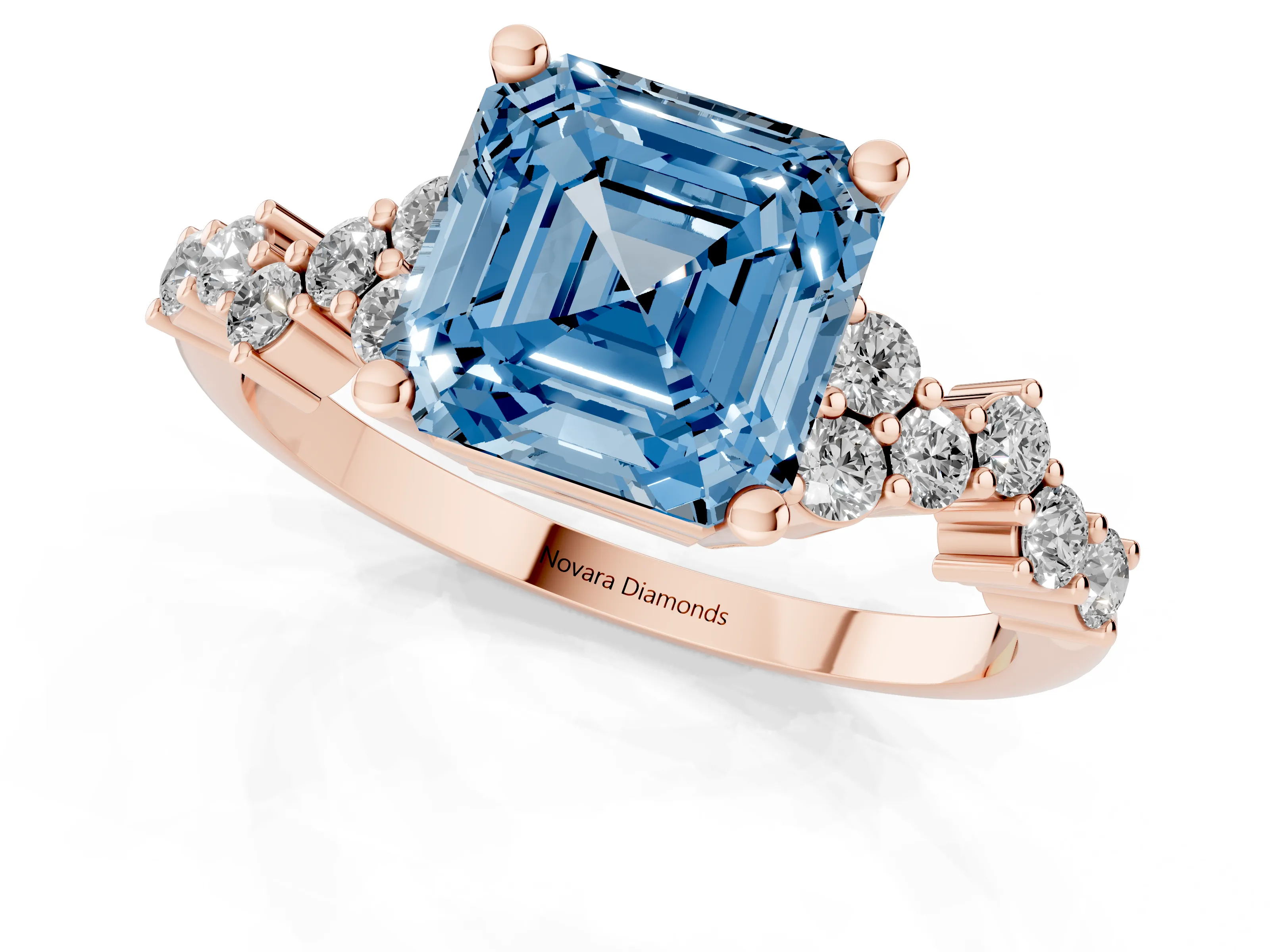 Fancy Blue Asscher Cut Diamond Ring Set in Rose gold with Scattered Round Accents