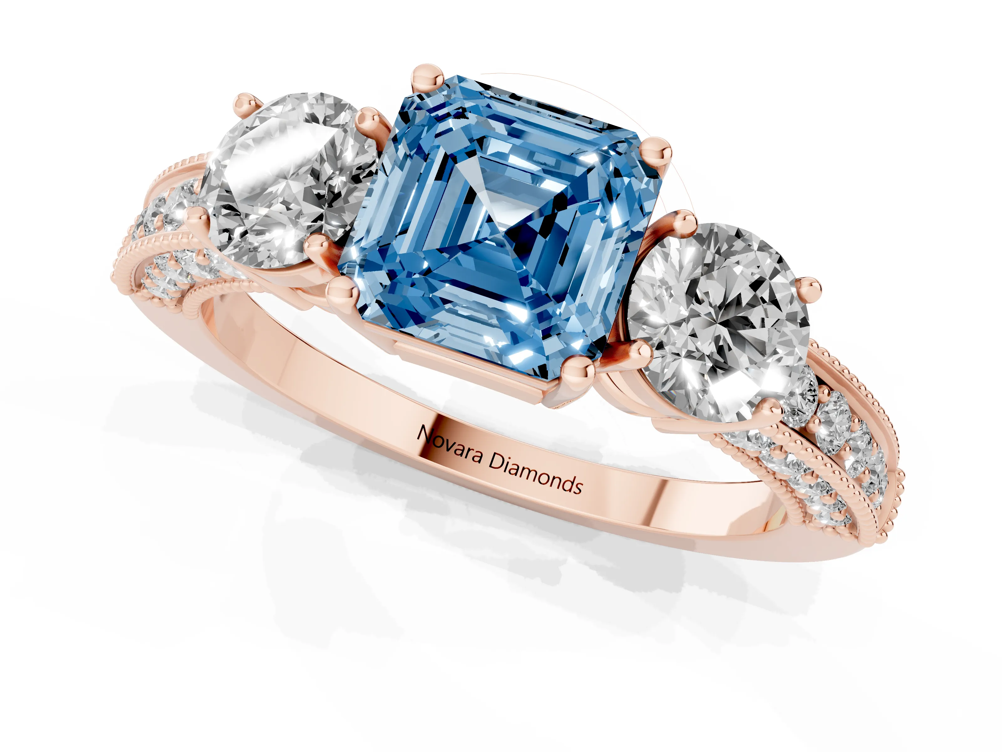Fancy Blue Asscher Cut Diamond Three-Stone Ring Set in Rose gold with Round Side Stones and Pavé Band