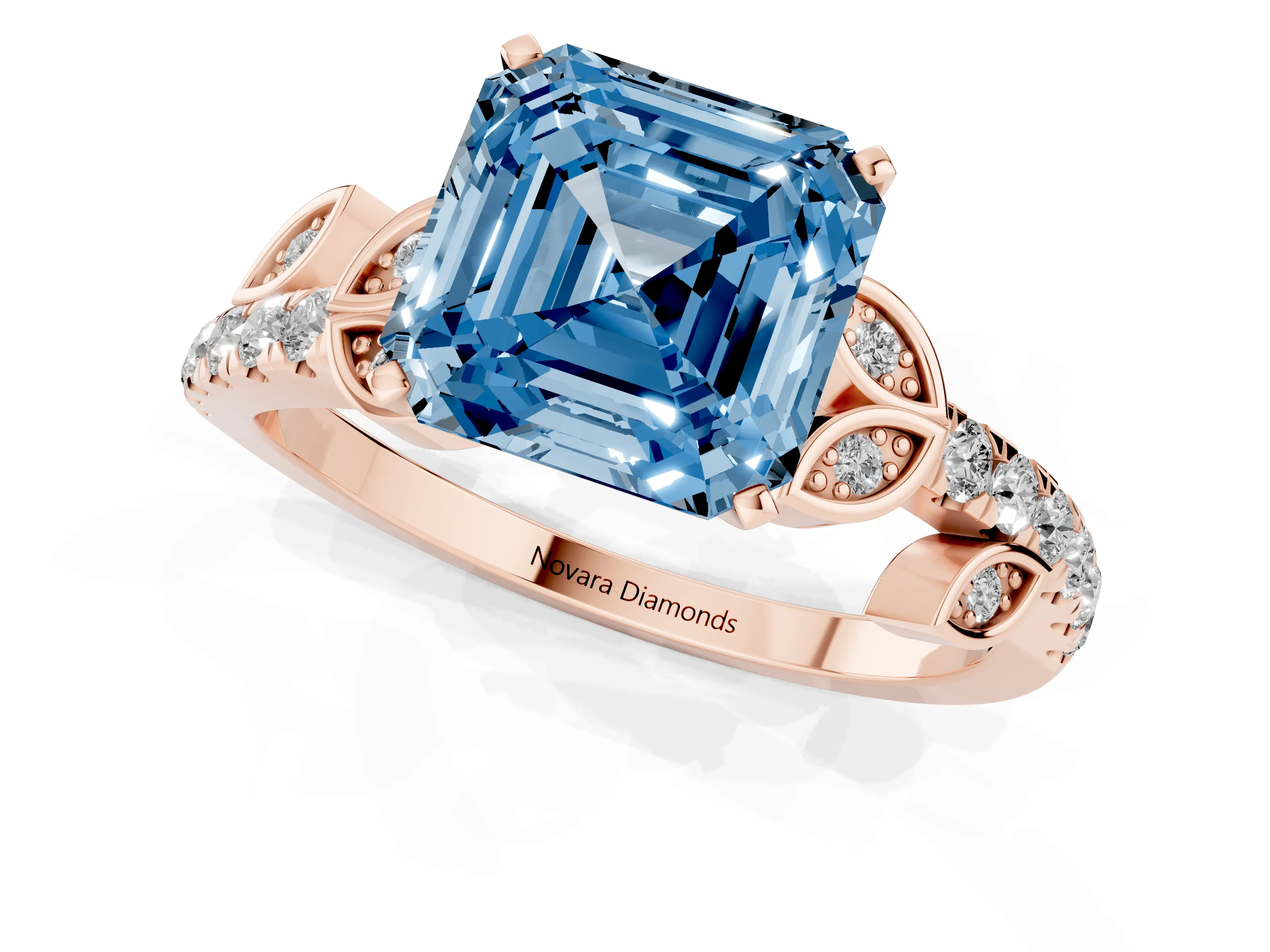 Fancy Blue Asscher Cut Diamond Solitaire Leaf-Inspired Ring Set in Rose gold with Pavé Band and Prong Setting