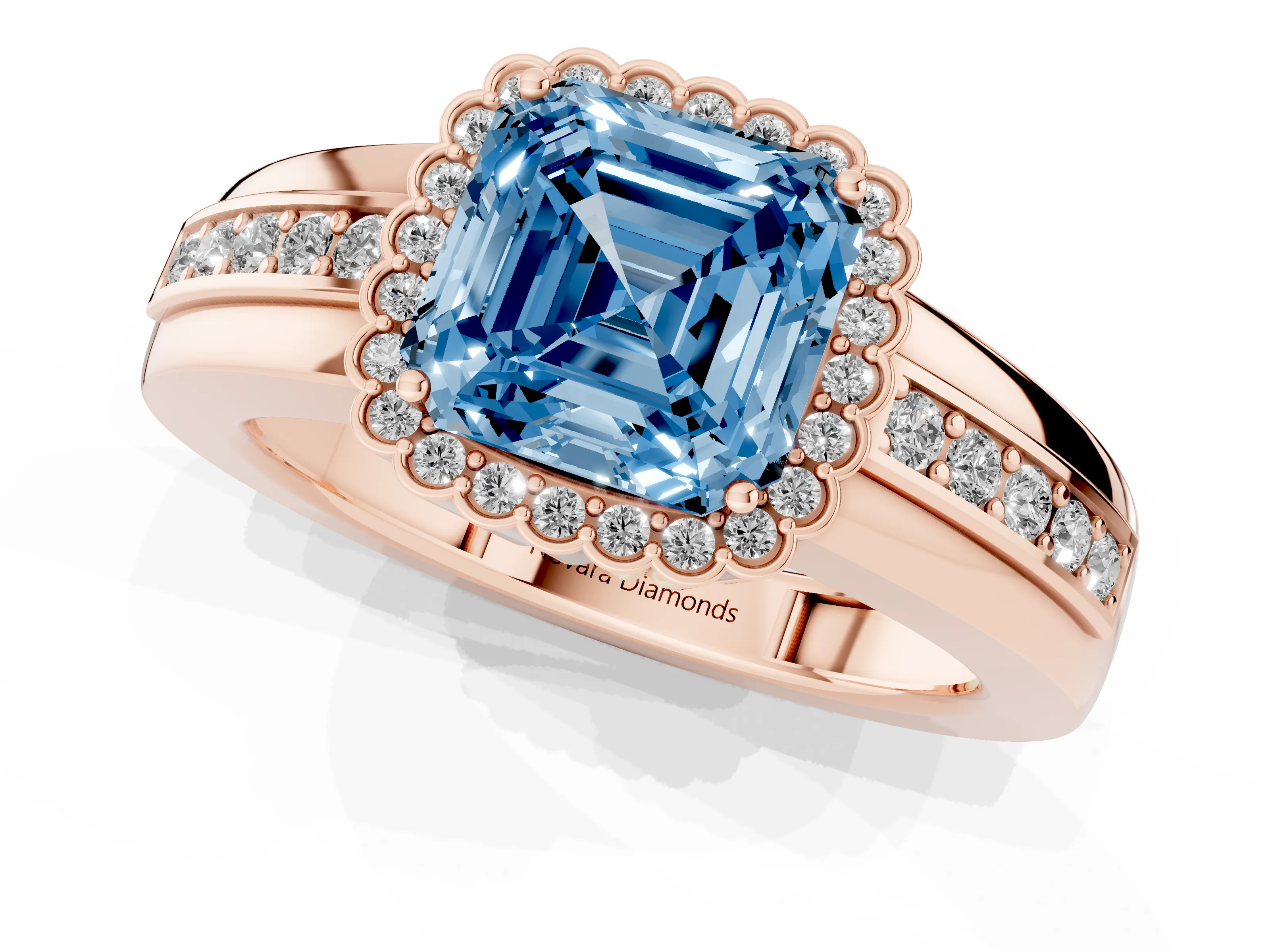 Fancy Blue Asscher Cut Diamond Halo Prong Ring Set in Rose gold with Pavé Band