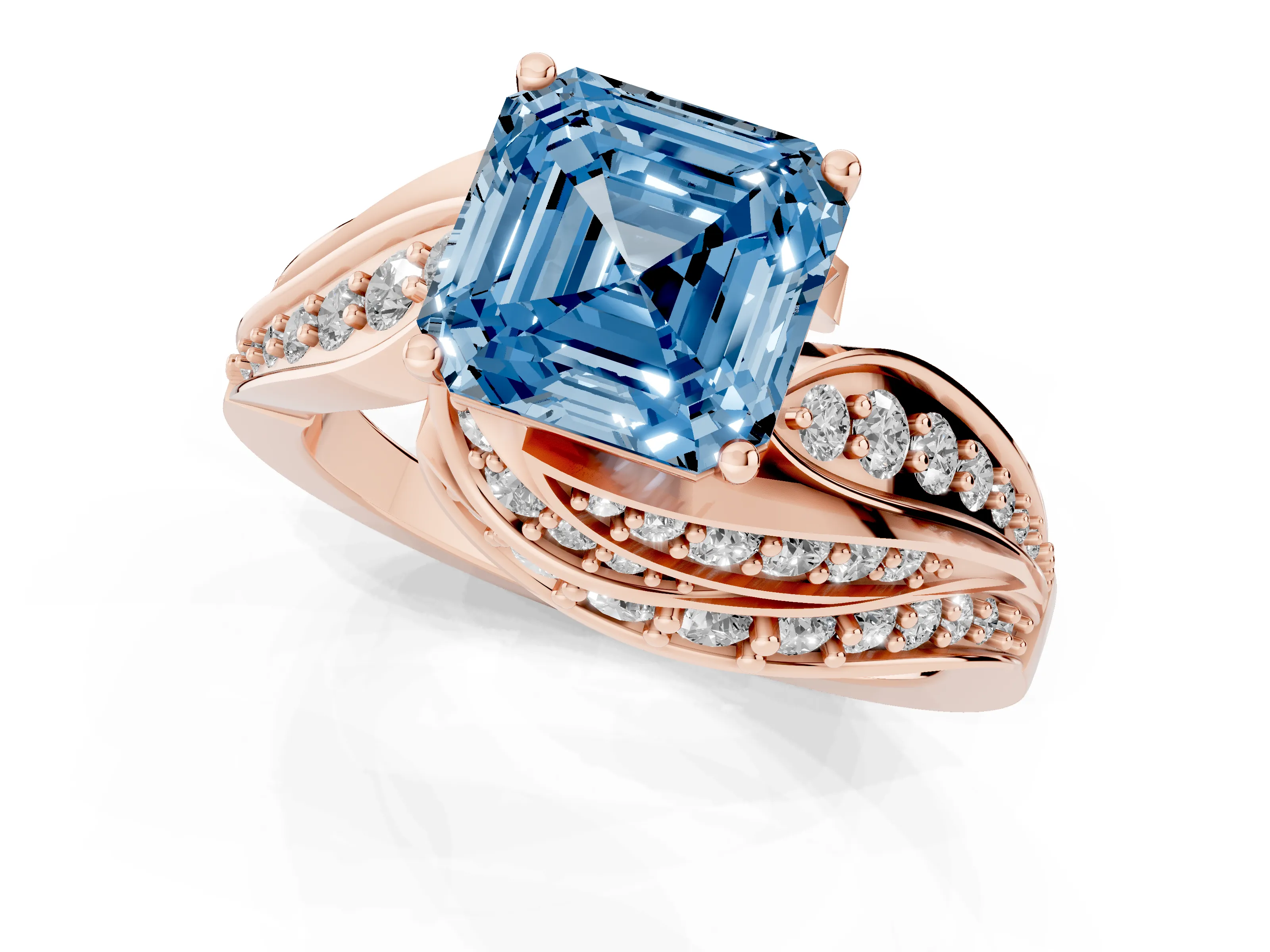 Fancy Blue Asscher Cut Diamond Solitaire Ring Set in Rose gold with Layered Twist Pavé Band