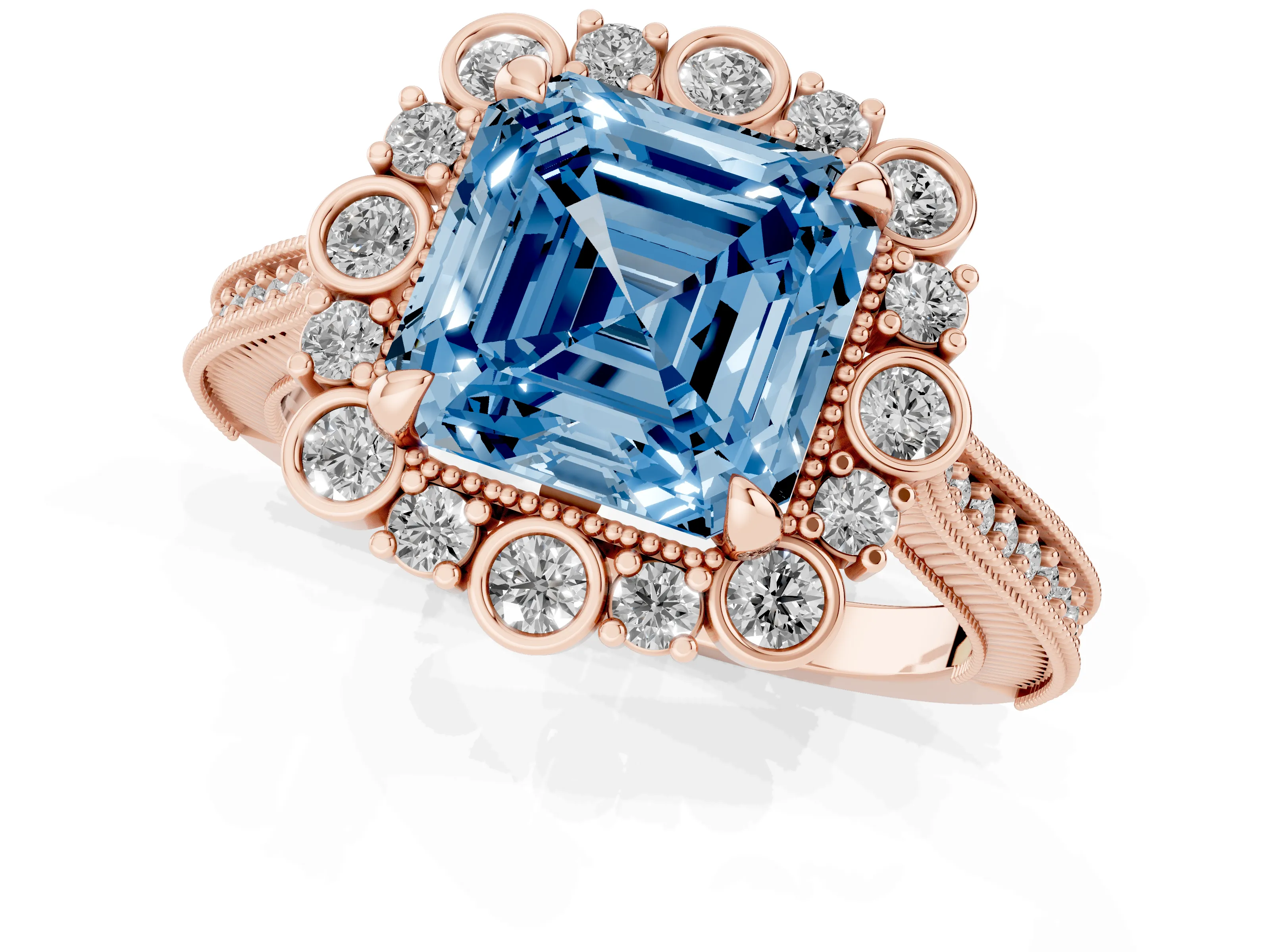 Fancy Blue Asscher Cut Diamond Halo Milgrain Pavé Ring Set in Rose gold with Prong Setting