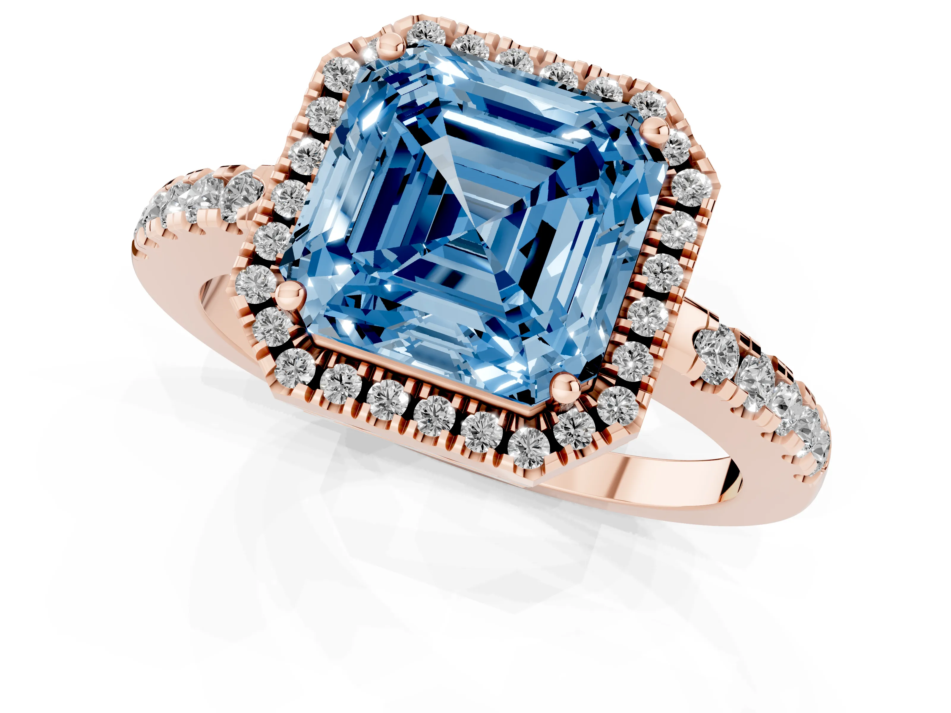 Fancy Blue Asscher Cut Diamond Pavé Band Halo Engagement Ring Set in Rose gold with Prong Setting