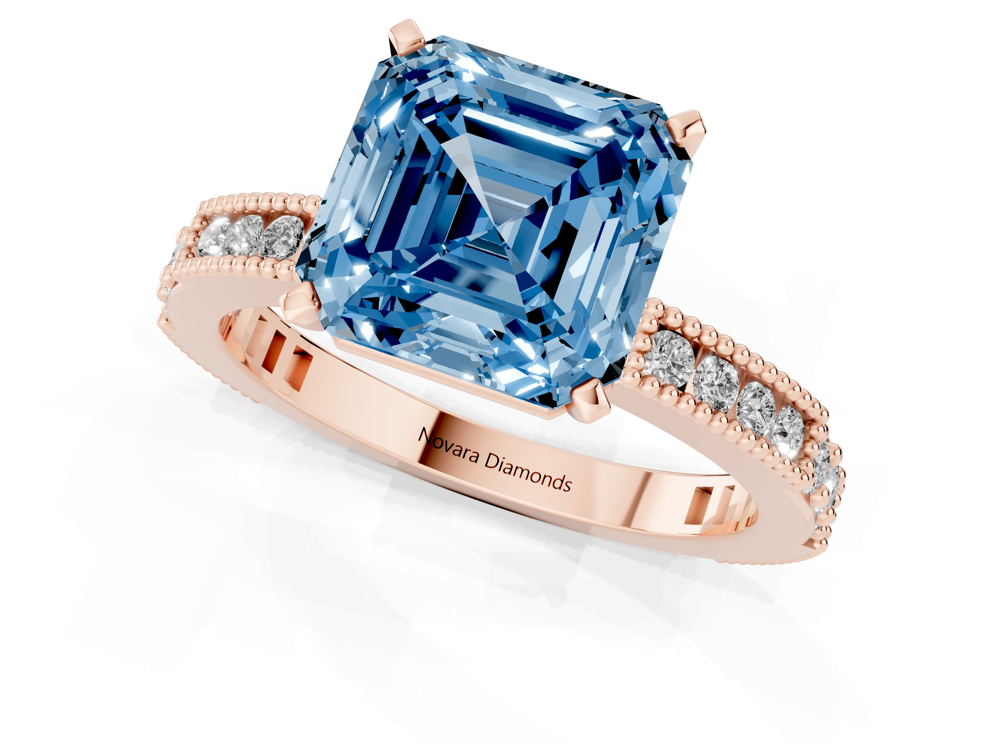 Fancy Blue Asscher Cut Diamond Solitaire Ring Set in Rose gold with Slim Pavé Band and Prong Setting