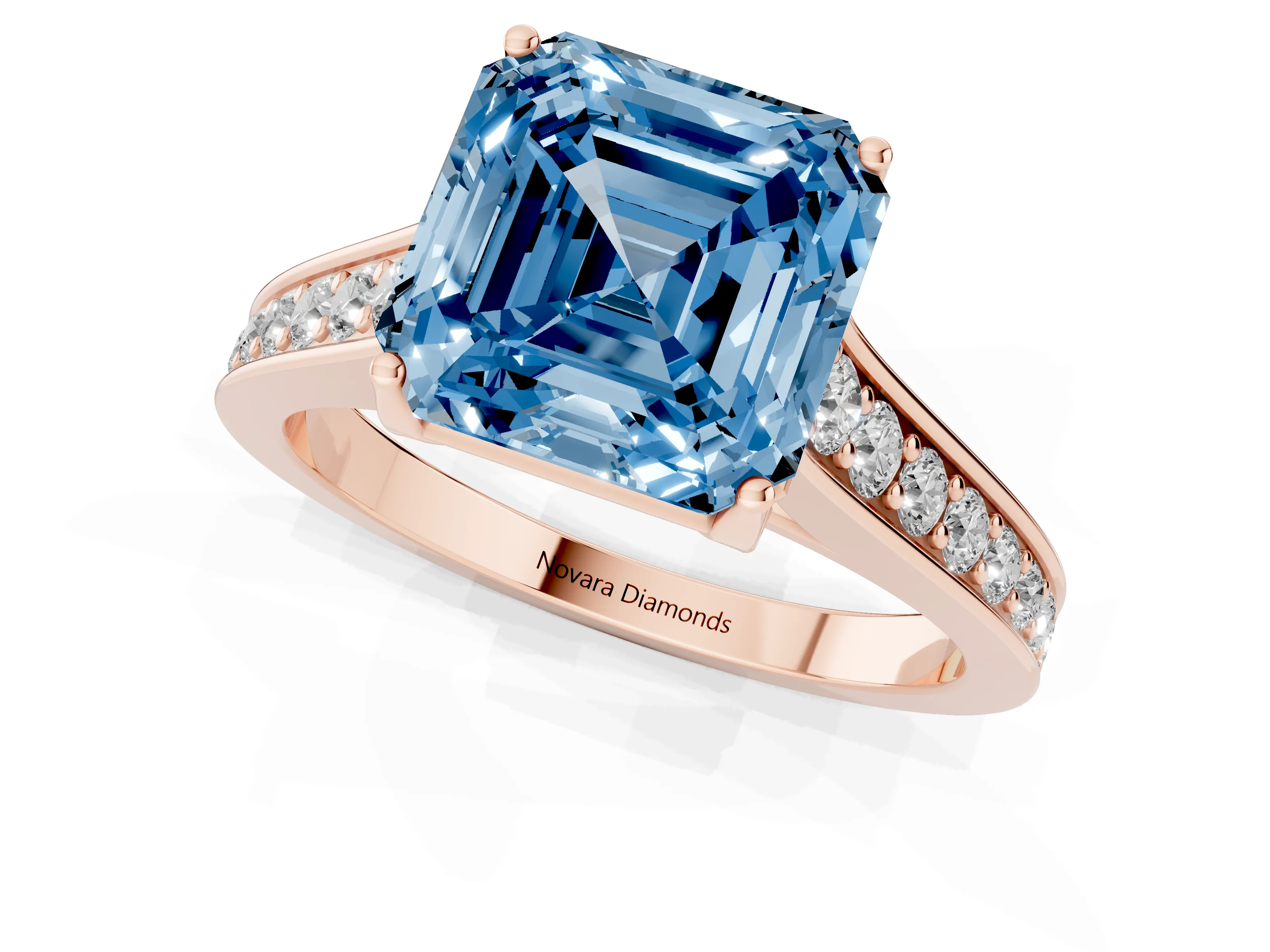 Fancy Blue Asscher Cut Diamond Solitaire Pavé Engagement Ring Set in Rose gold with Prong Setting