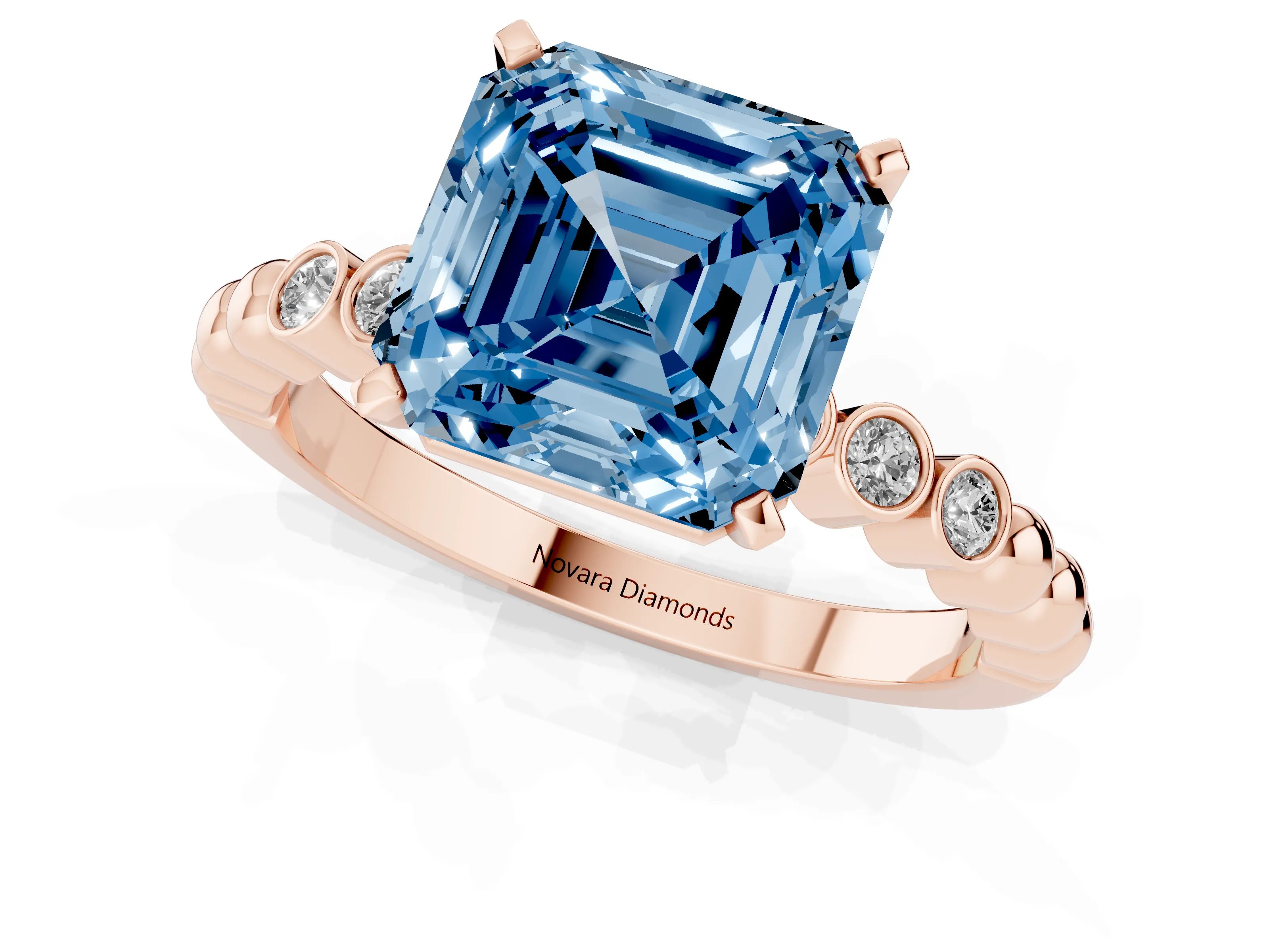 Fancy Blue Asscher Cut Diamond Solitaire Engagement Ring Set in Rose gold with Bezel Accents on Beaded Band – second view