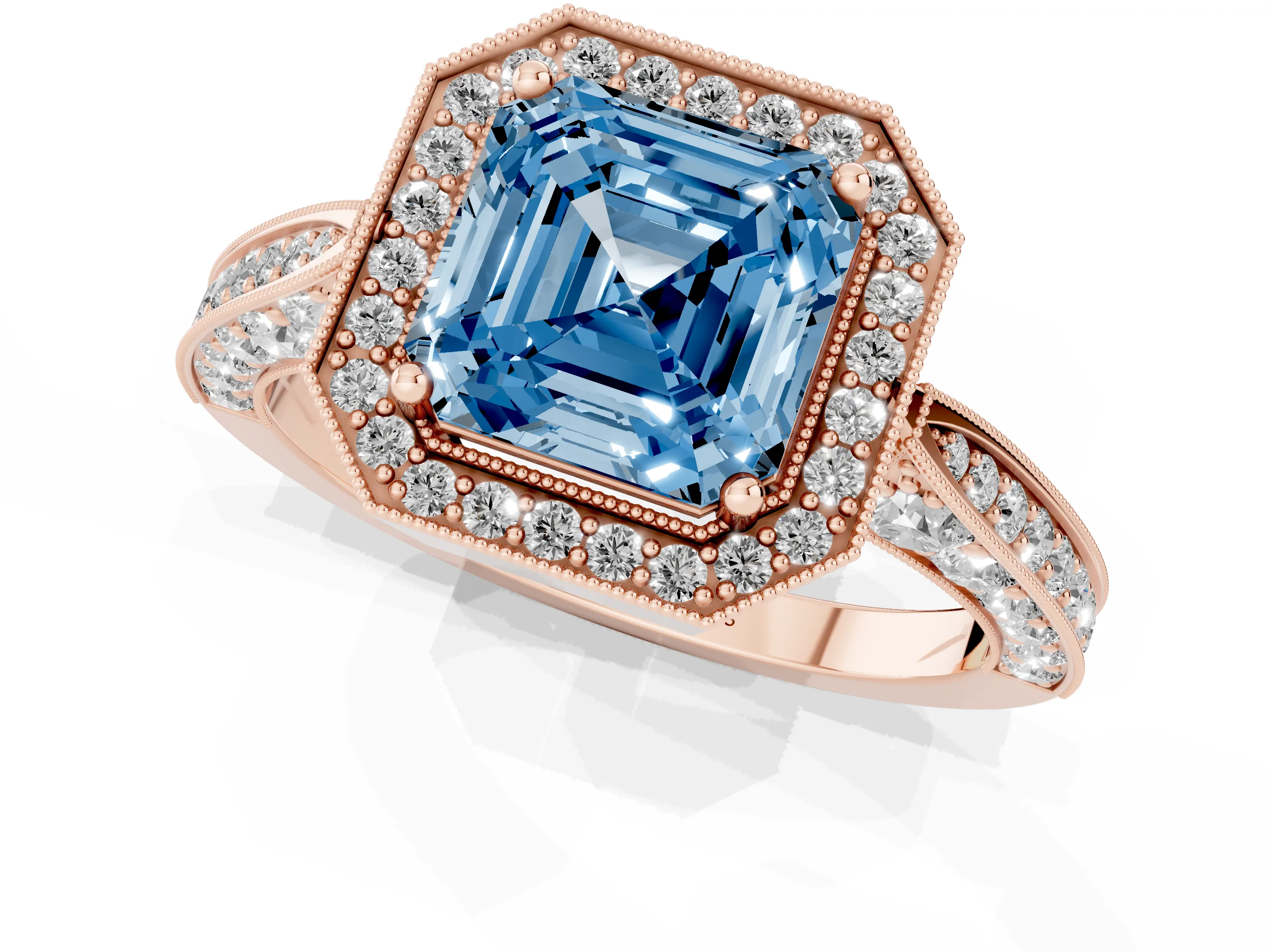 Fancy Blue Asscher Cut Diamond Halo Engagement Ring Set in Rose gold with Accent Split Shank Band