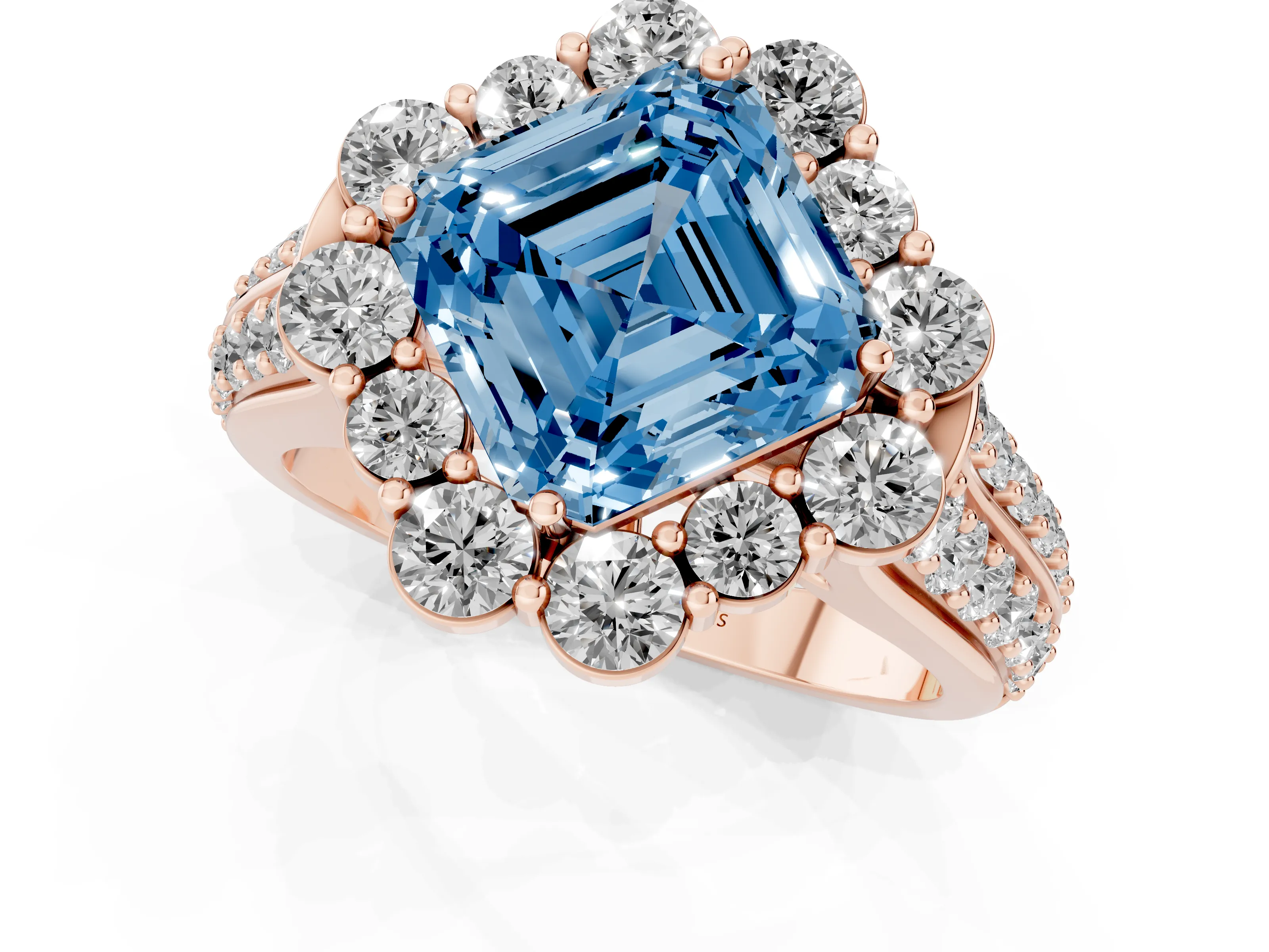 Fancy Blue Asscher Cut Diamond Halo Engagement Ring Set in Rose gold with Split Shank and Prong Setting