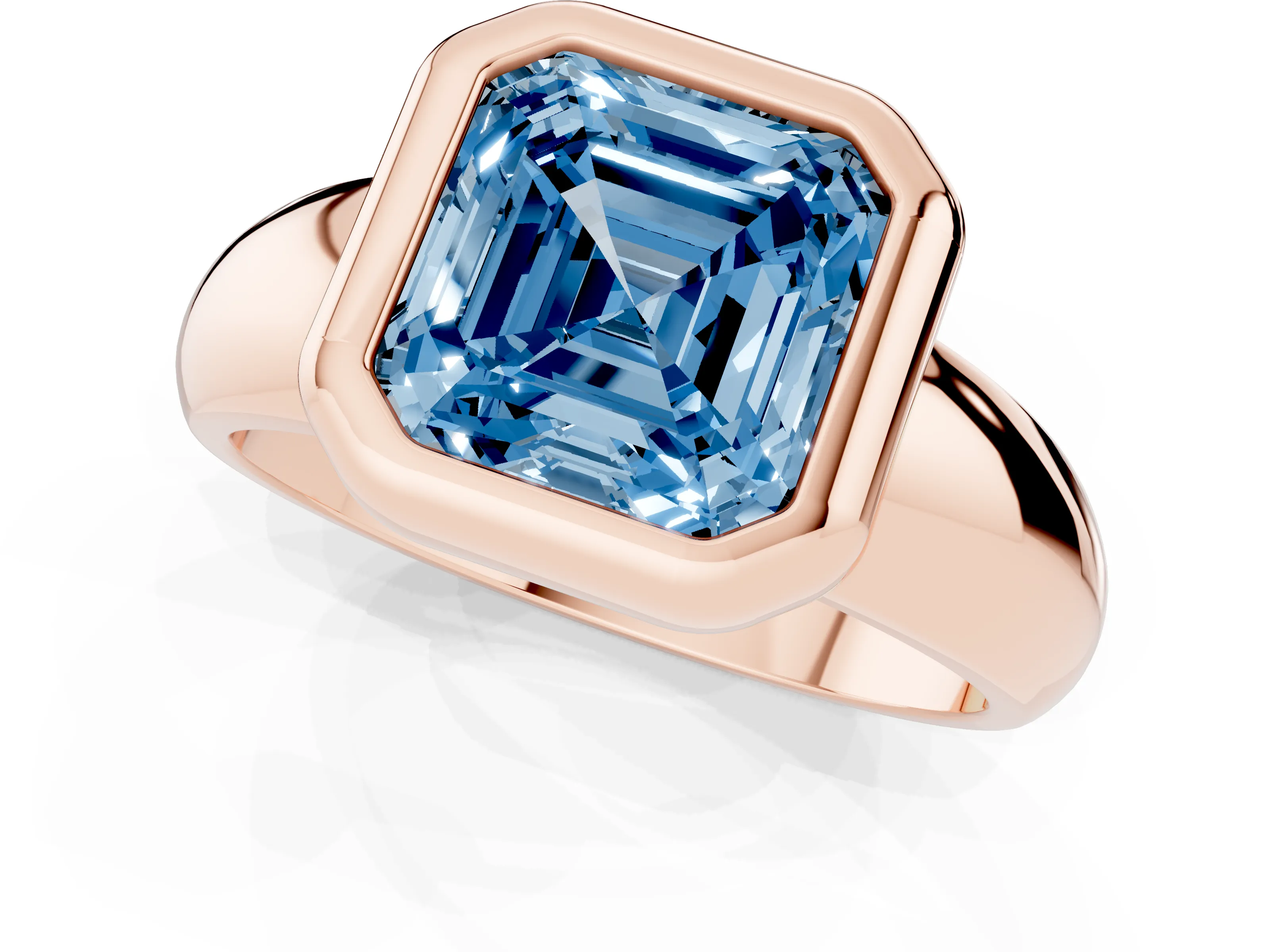 Fancy Blue Bezel Set Asscher Cut Diamond Solitaire Ring Set in Rose gold with Wide Band