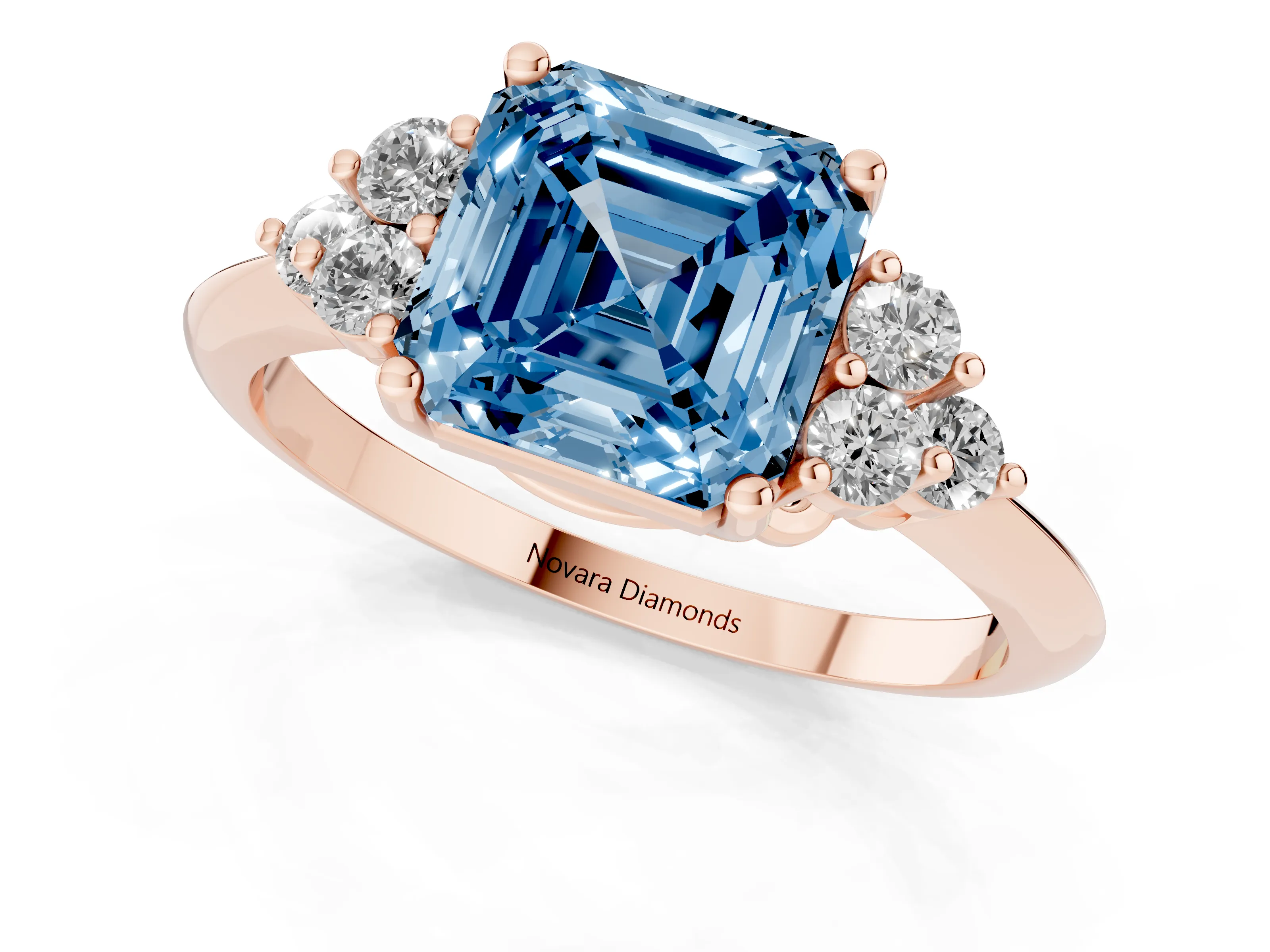 Fancy Blue Asscher Cut Diamond Cluster Ring Set in Rose gold with Plain Band and Prong Setting
