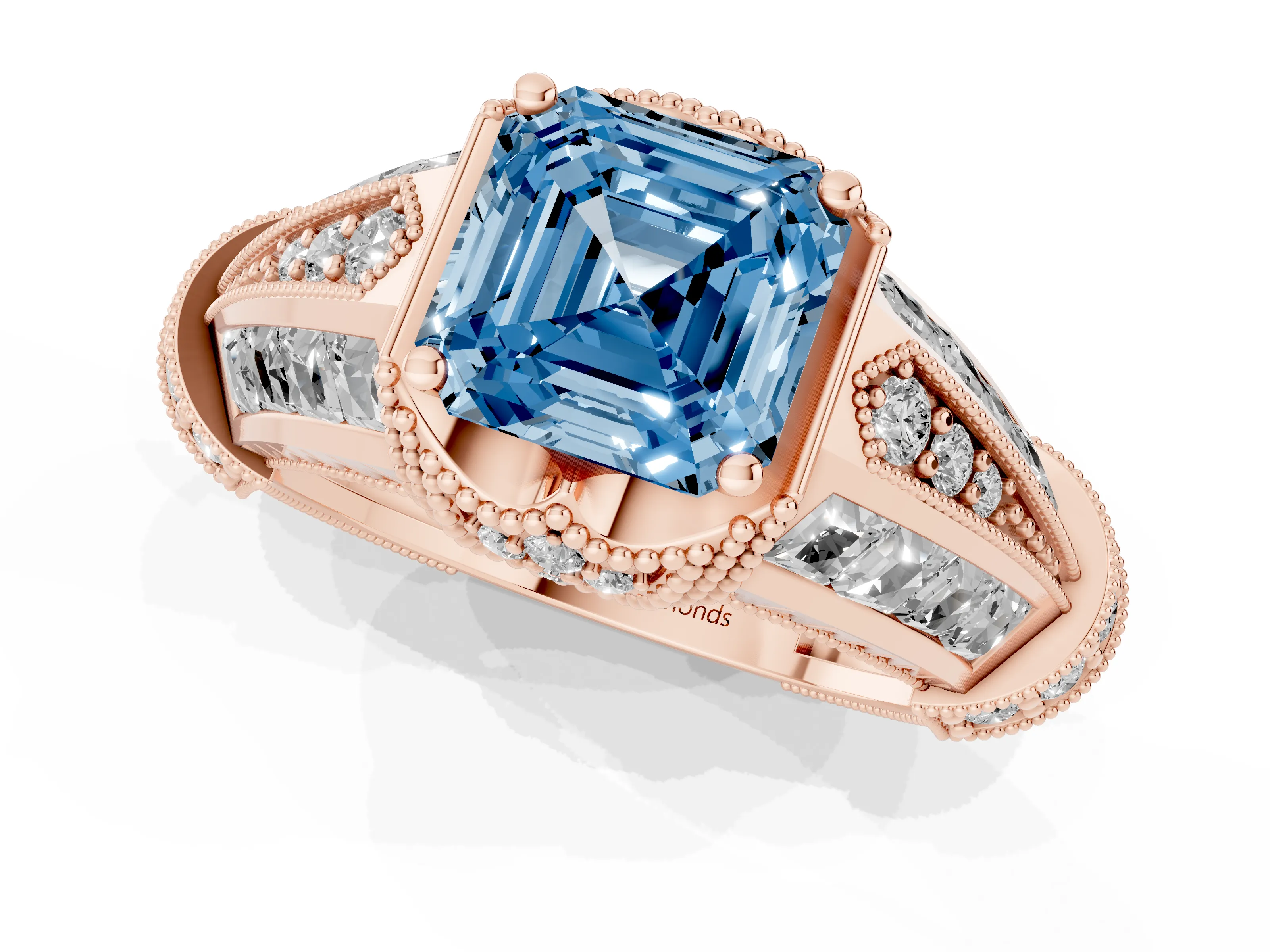 Fancy Blue Asscher Cut Diamond Vintage-Inspired Milgrain Ring Set in Rose gold with Accent Split Shank