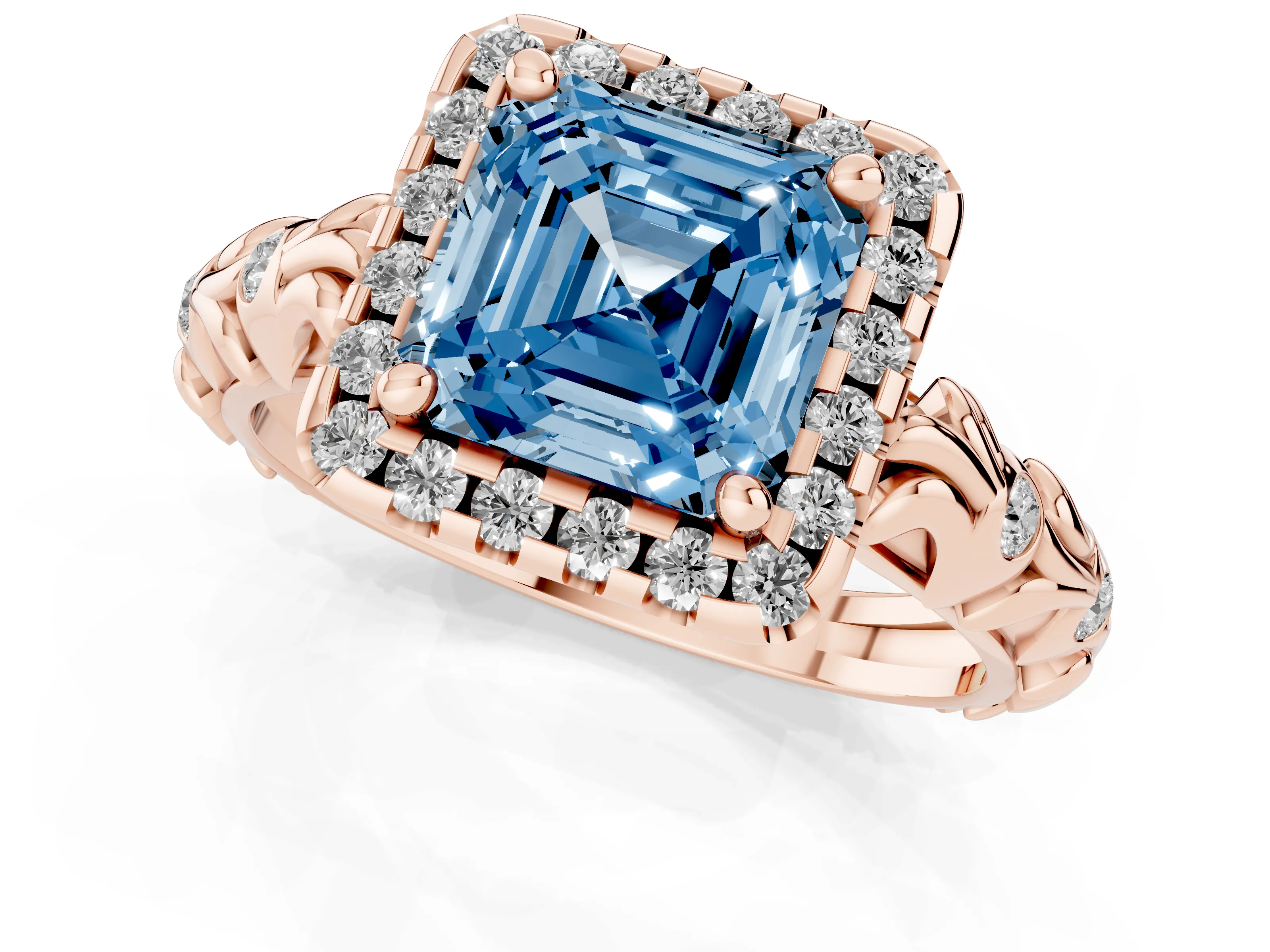 Fancy Blue Asscher Cut Diamond Halo Ring Set in Rose gold with Filigree Leaf Band and Prong Setting