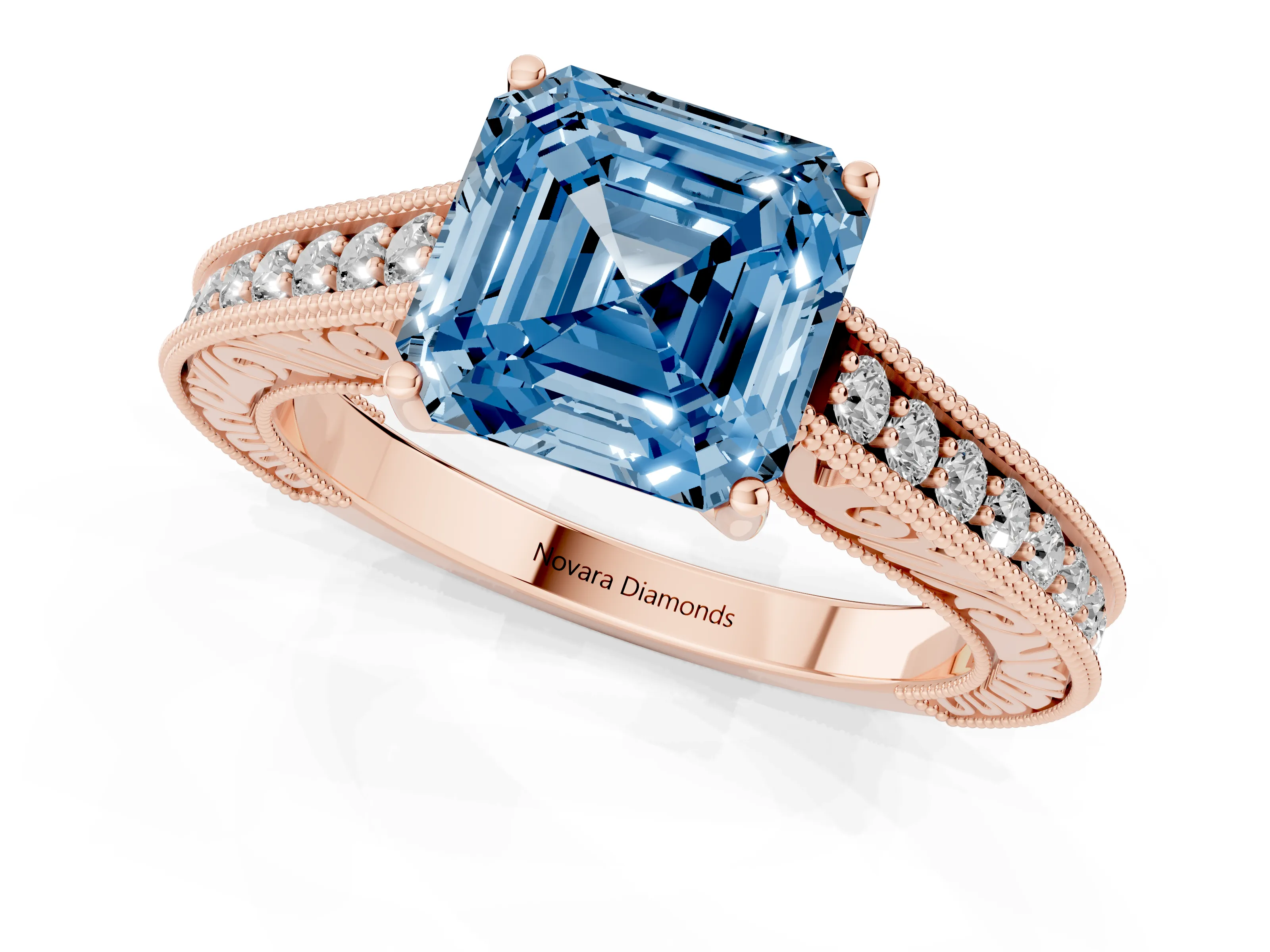 Fancy Blue Asscher Cut Diamond Milgrain Pavé Band Solitaire Ring Set in Rose gold with Prong Setting