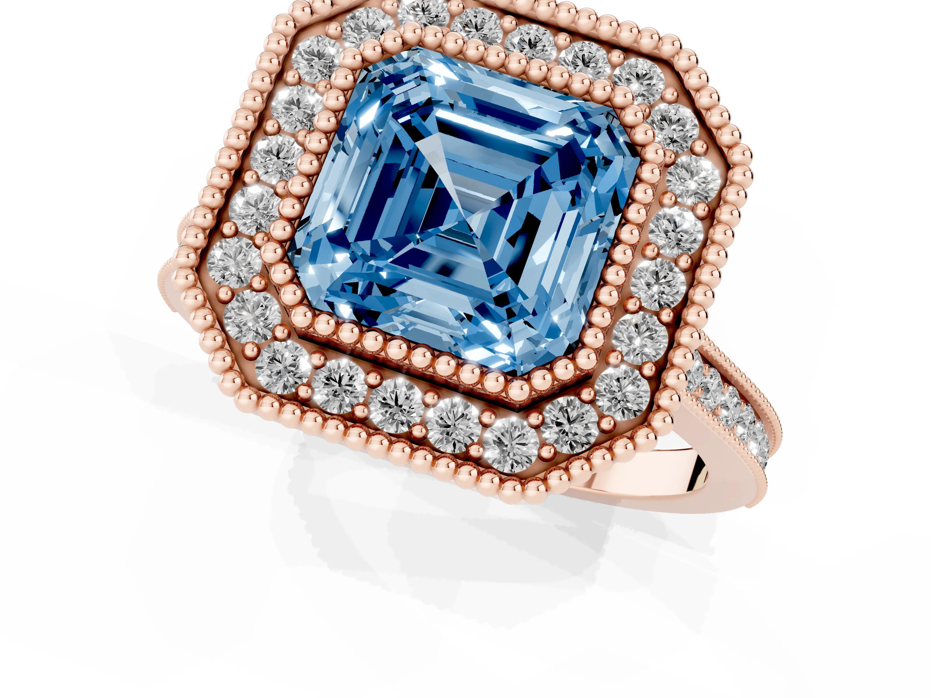 Fancy Blue Asscher Cut Diamond Halo Ring Set in Rose gold with Milgrain Frame and Pavé Band