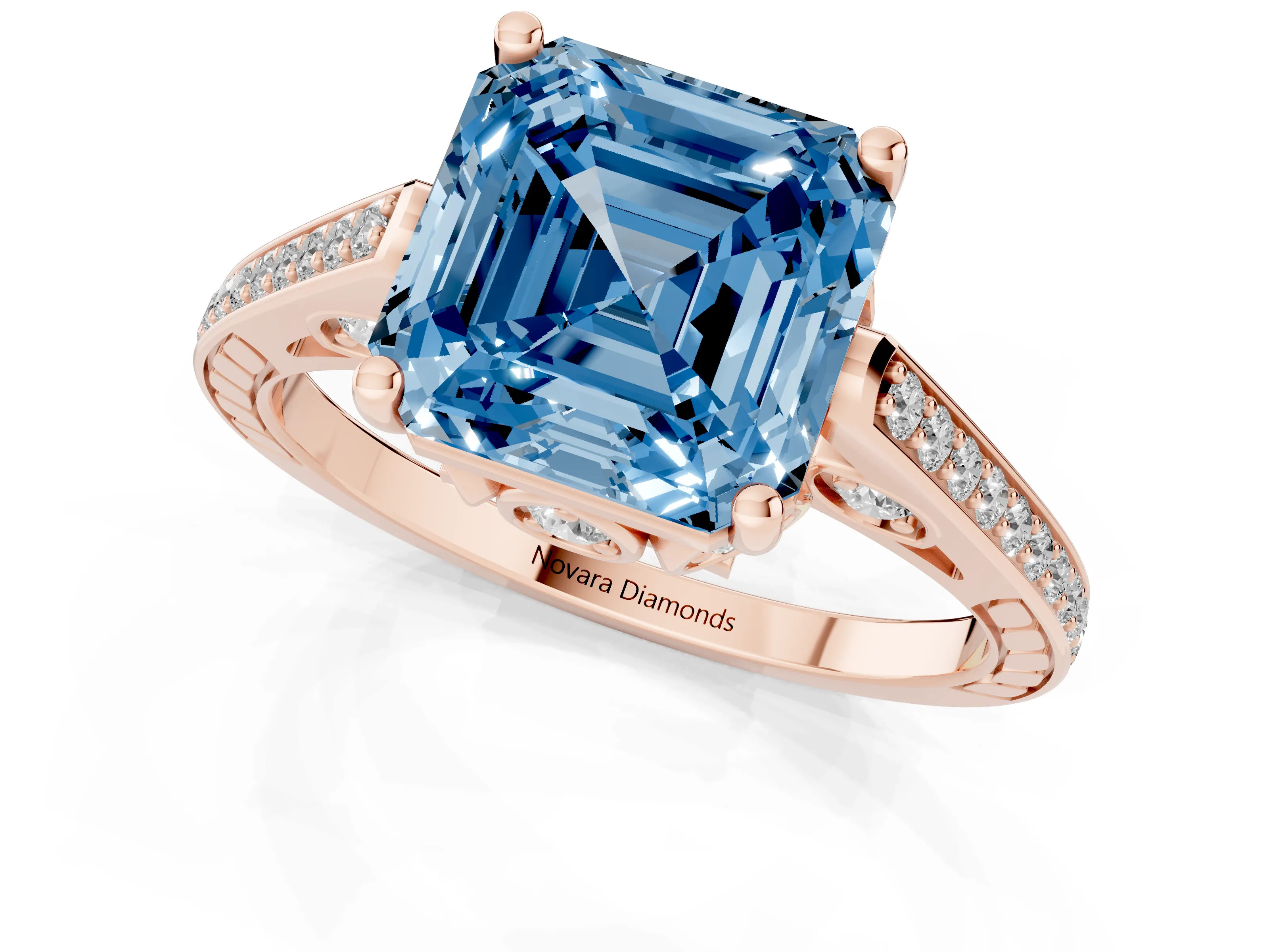 Fancy Blue Asscher Cut Diamond Cathedral Pavé Engagement Ring Set in Rose gold with Prong Setting