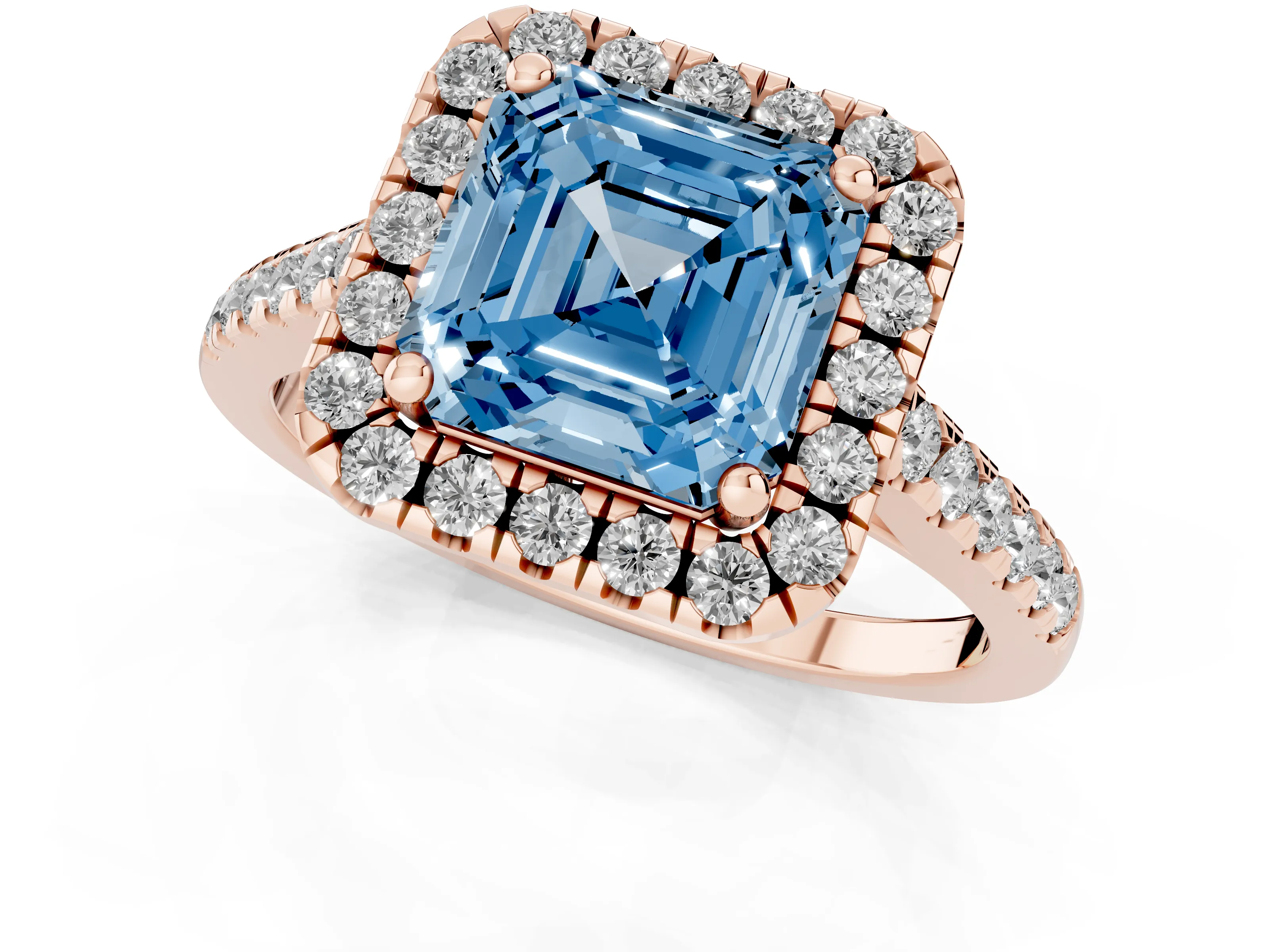 Fancy Blue Asscher Cut Diamond Pavé Halo Engagement Ring Set in Rose gold with Pavé Band and Prong Setting