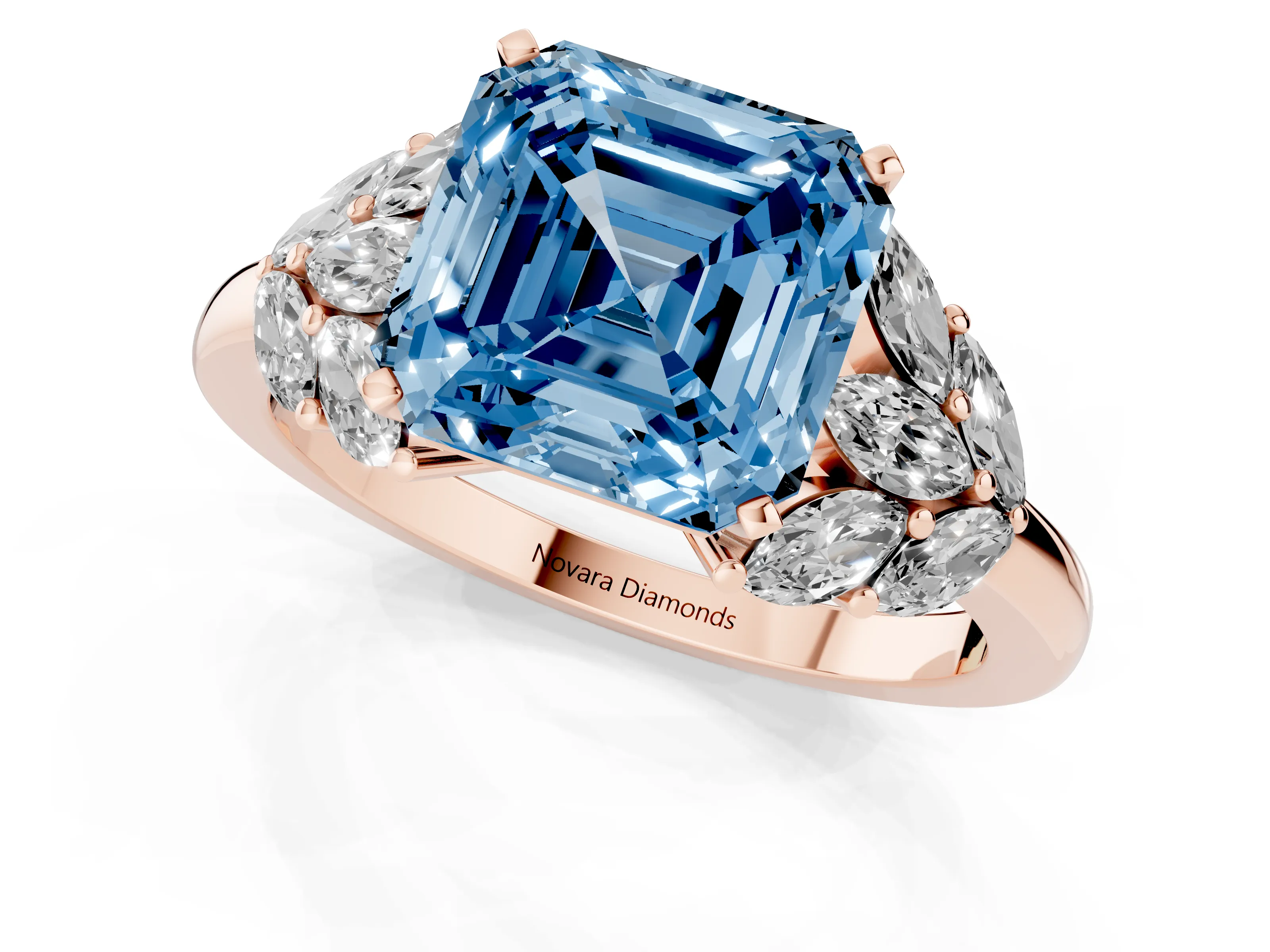 Fancy Blue Asscher Cut Diamond Cluster Leaf Design Ring Set in Rose gold with Prong Setting