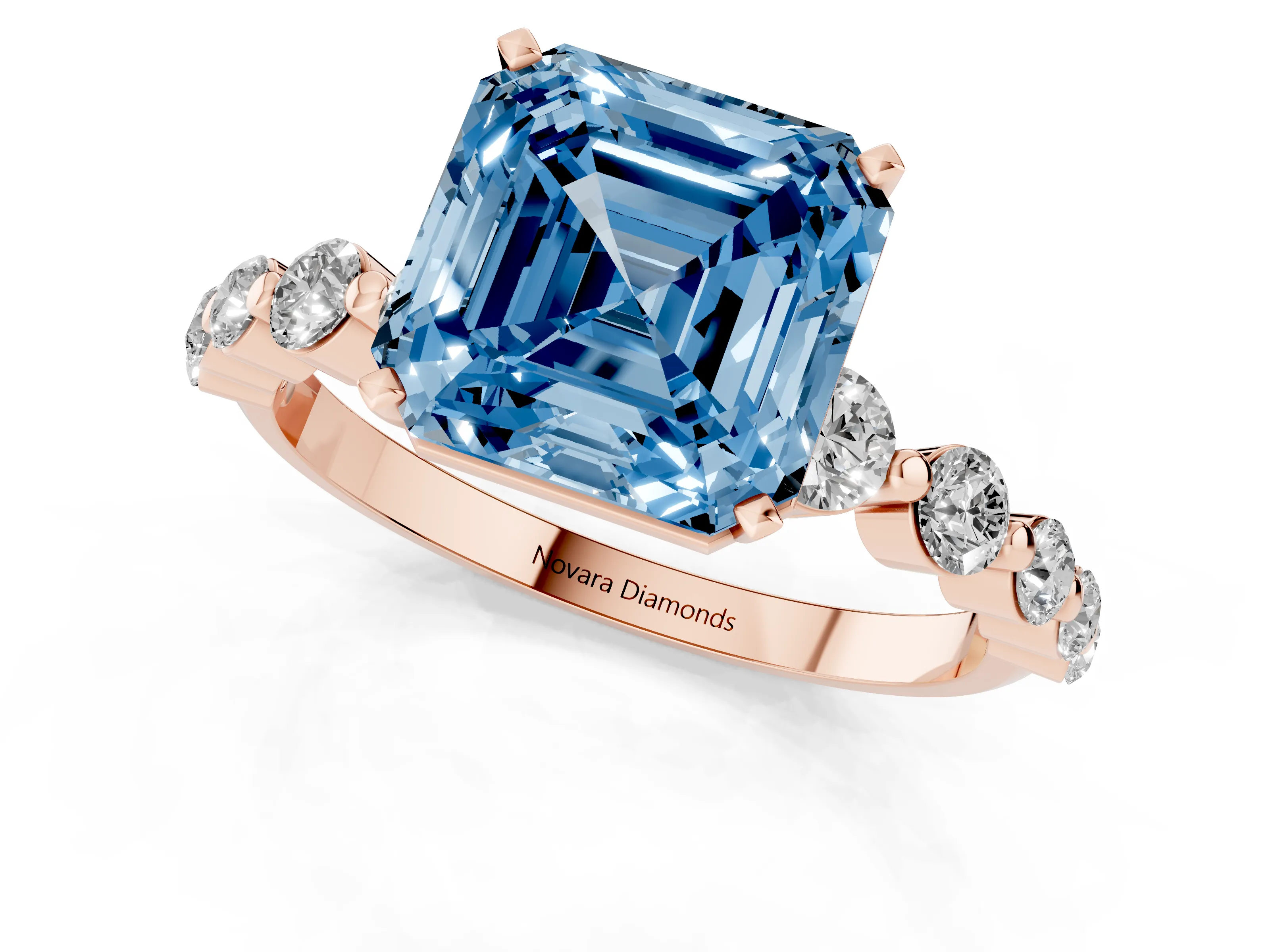 Fancy Blue Asscher Cut Diamond Solitaire Ring Set in Rose gold with Pavé Band and Prong Setting