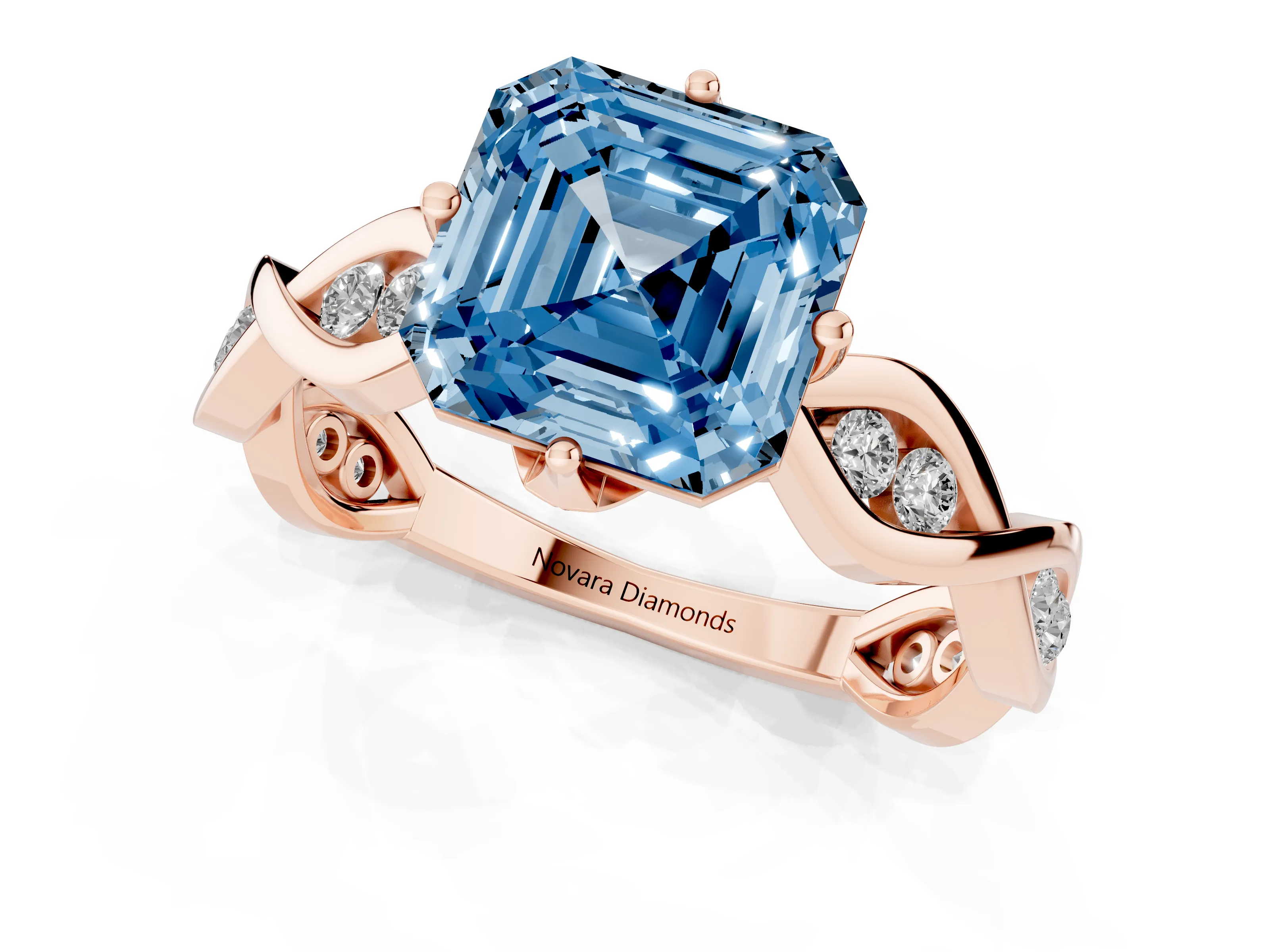 Fancy Blue Asscher Cut Diamond Twist Band Solitaire Ring Set in Rose gold with Leaf Prong Setting and Accent Stones