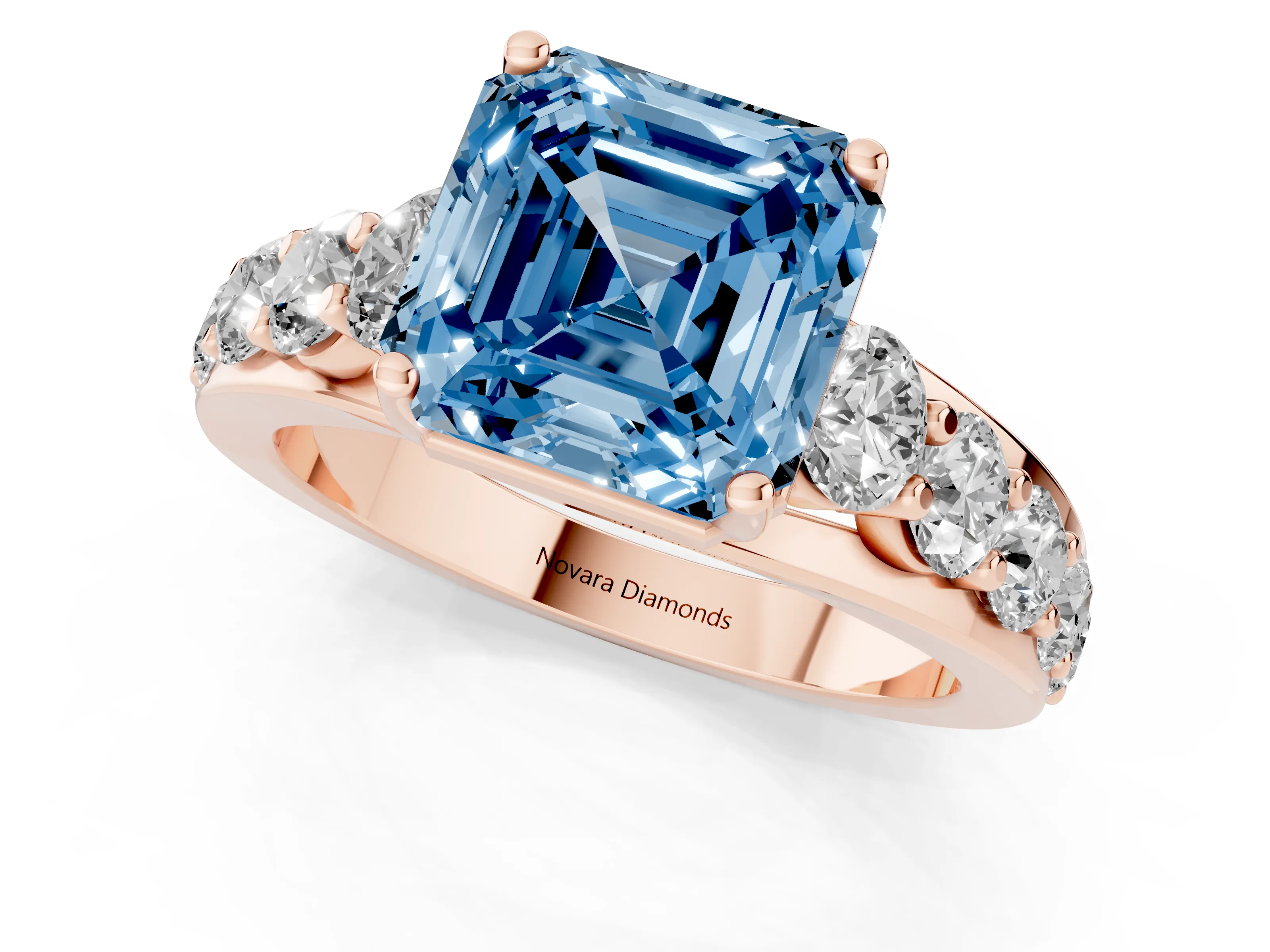 Fancy Blue Asscher Cut Diamond Pavé Engagement Ring Set in Rose gold with Prong Setting