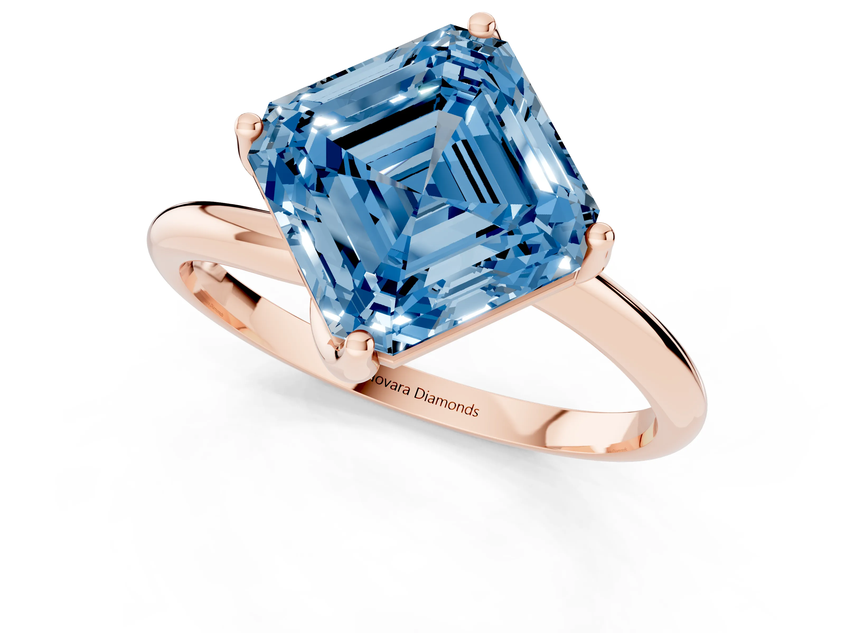 Fancy Blue Asscher Cut Diamond Solitaire Engagement Ring Set in Rose gold with Classic Plain Band