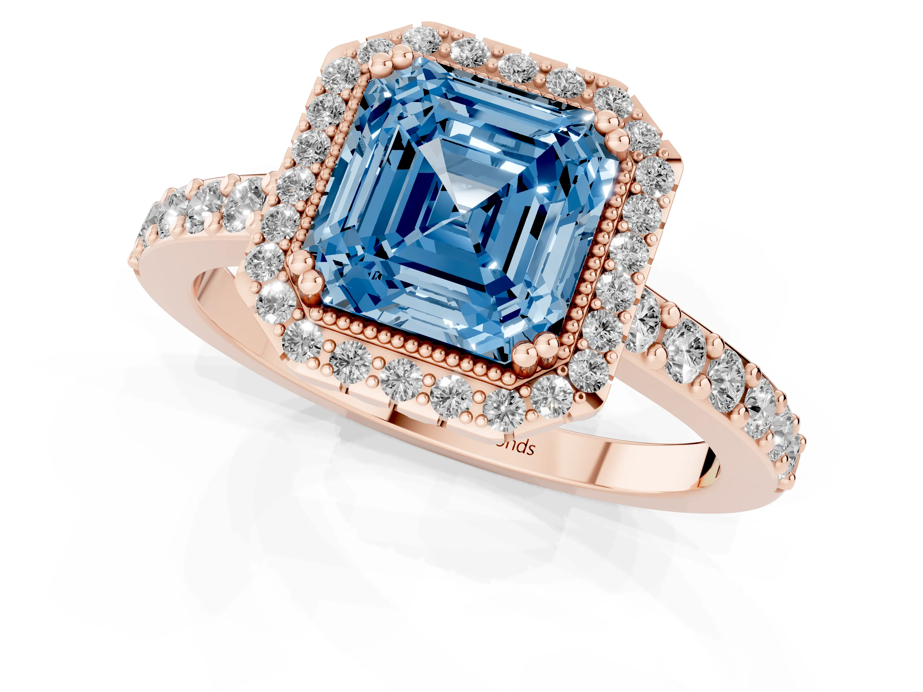Fancy Blue Asscher Cut Diamond Halo Engagement Ring Set in Rose gold with Milgrain Detail and Pavé Band