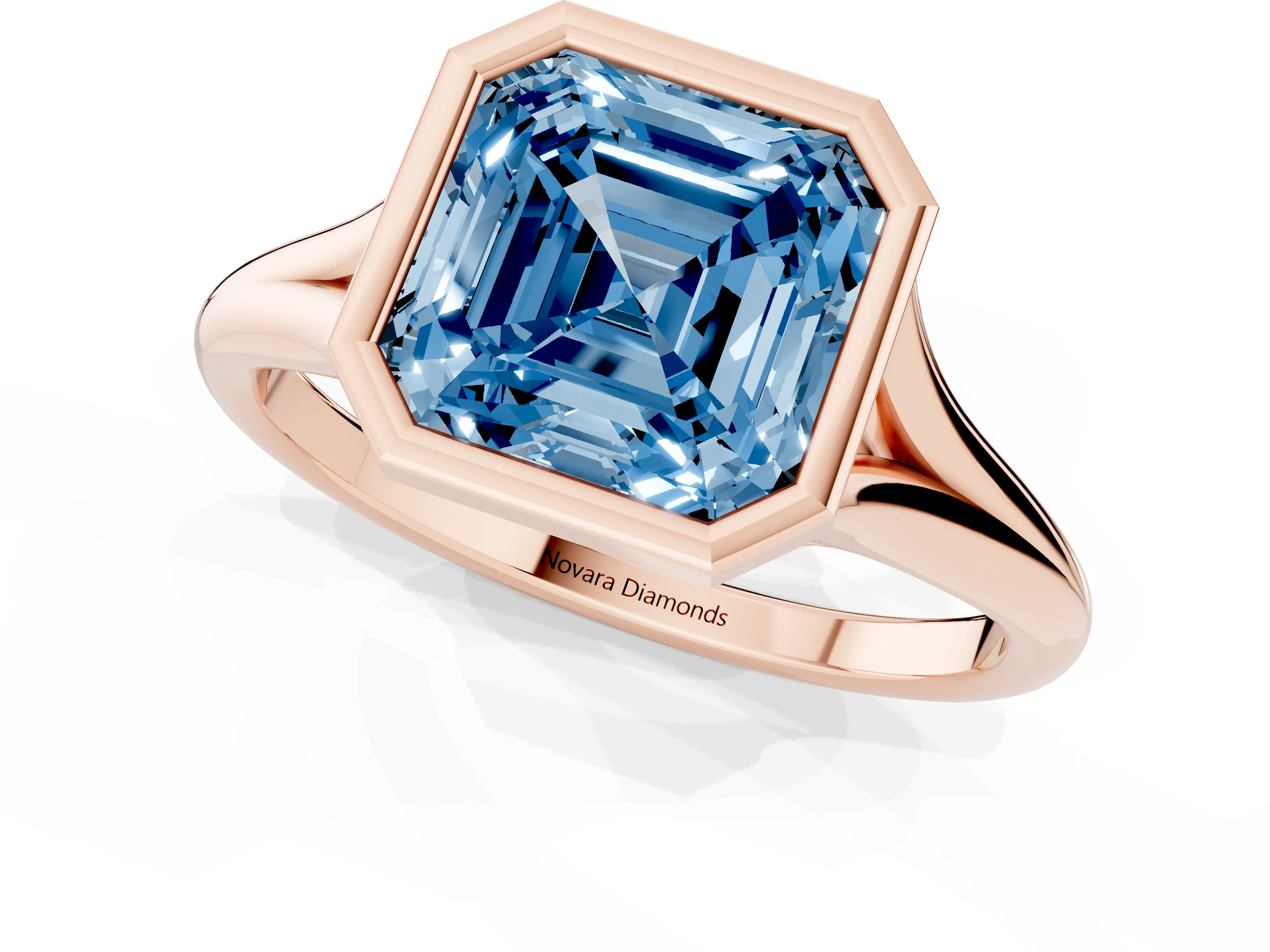 Fancy Blue Bezel Set Asscher Cut Diamond Solitaire Ring Set in Rose gold with Tapered Band
