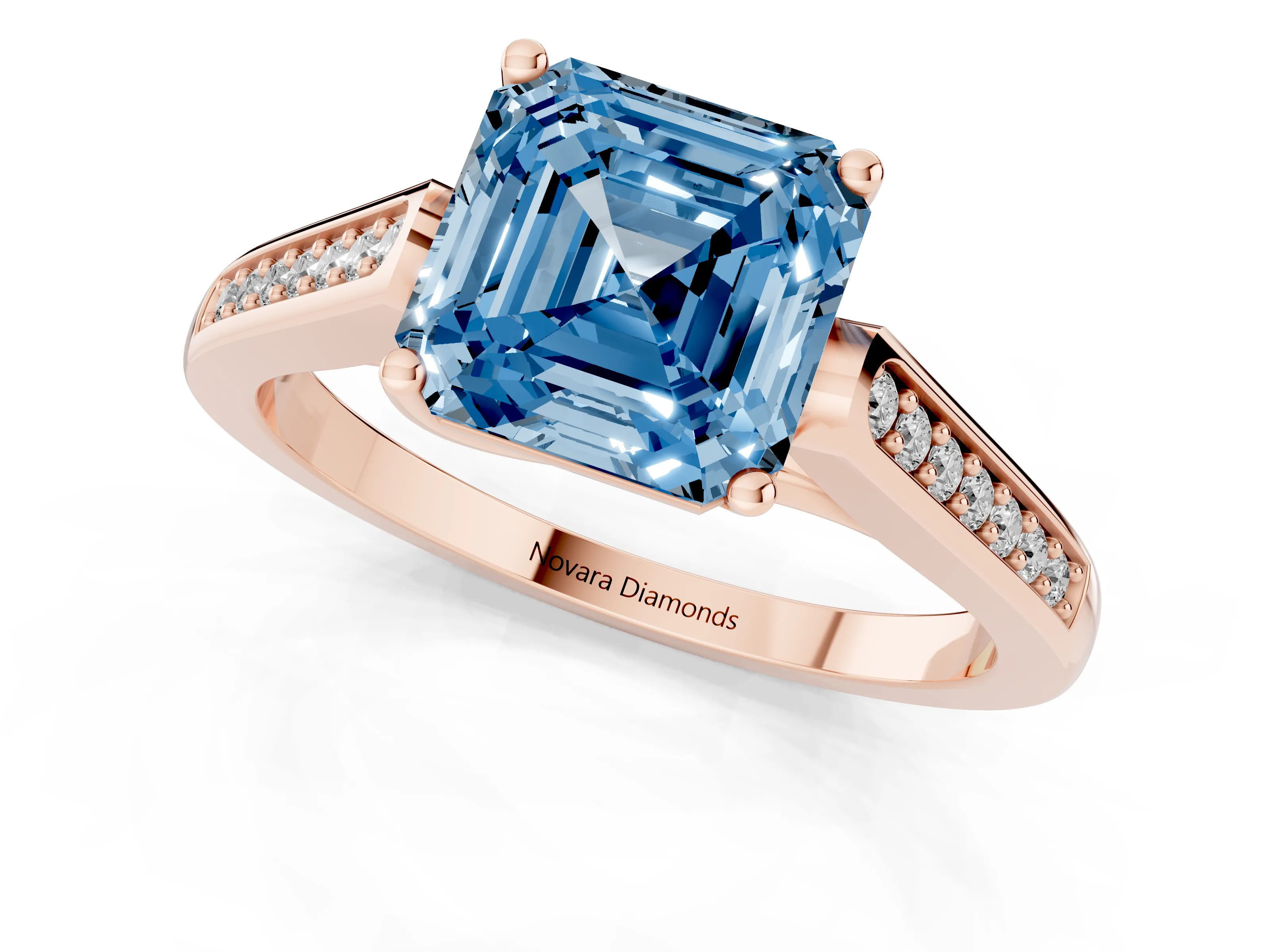 Fancy Blue Asscher Cut Diamond Solitaire Cathedral Engagement Ring Set in Rose gold with Channel-Set Band and Prong Setting
