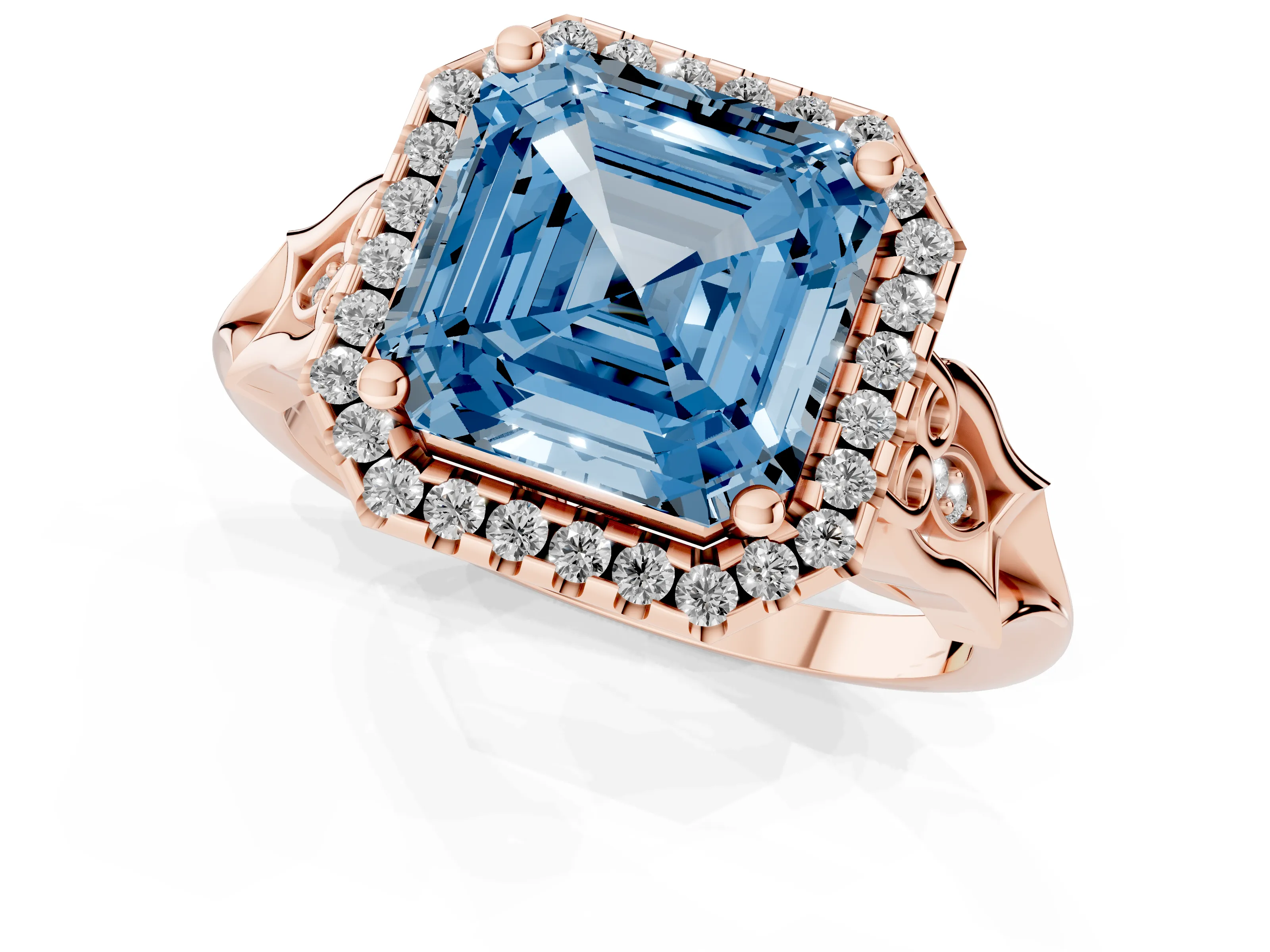 Fancy Blue Asscher Cut Diamond Halo Engagement Ring Set in Rose gold with Filigree Band and Prong-Set Center