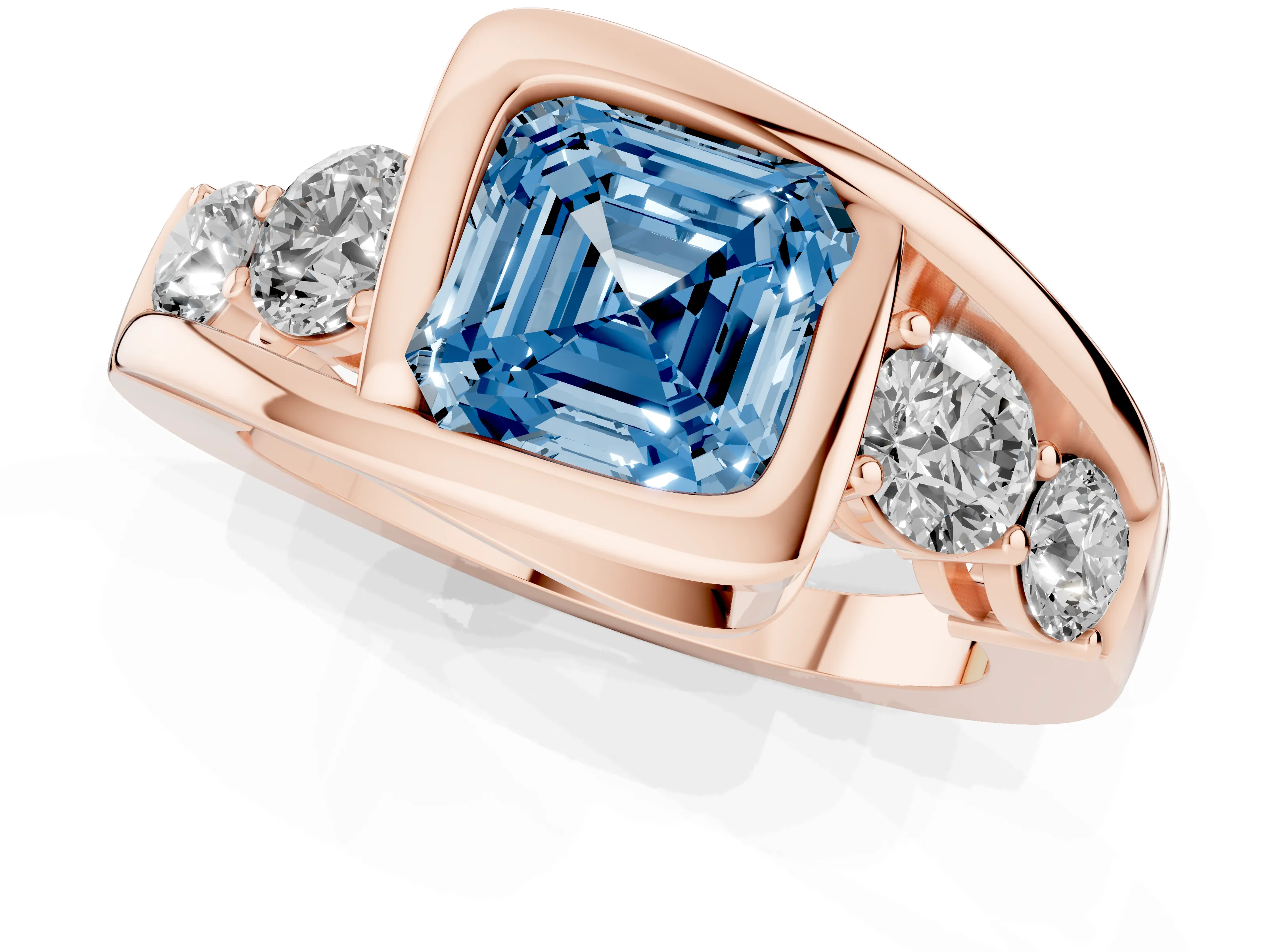 Fancy Blue Asscher Cut Diamond Bezel Bypass Ring Set in Rose gold with Round Accents