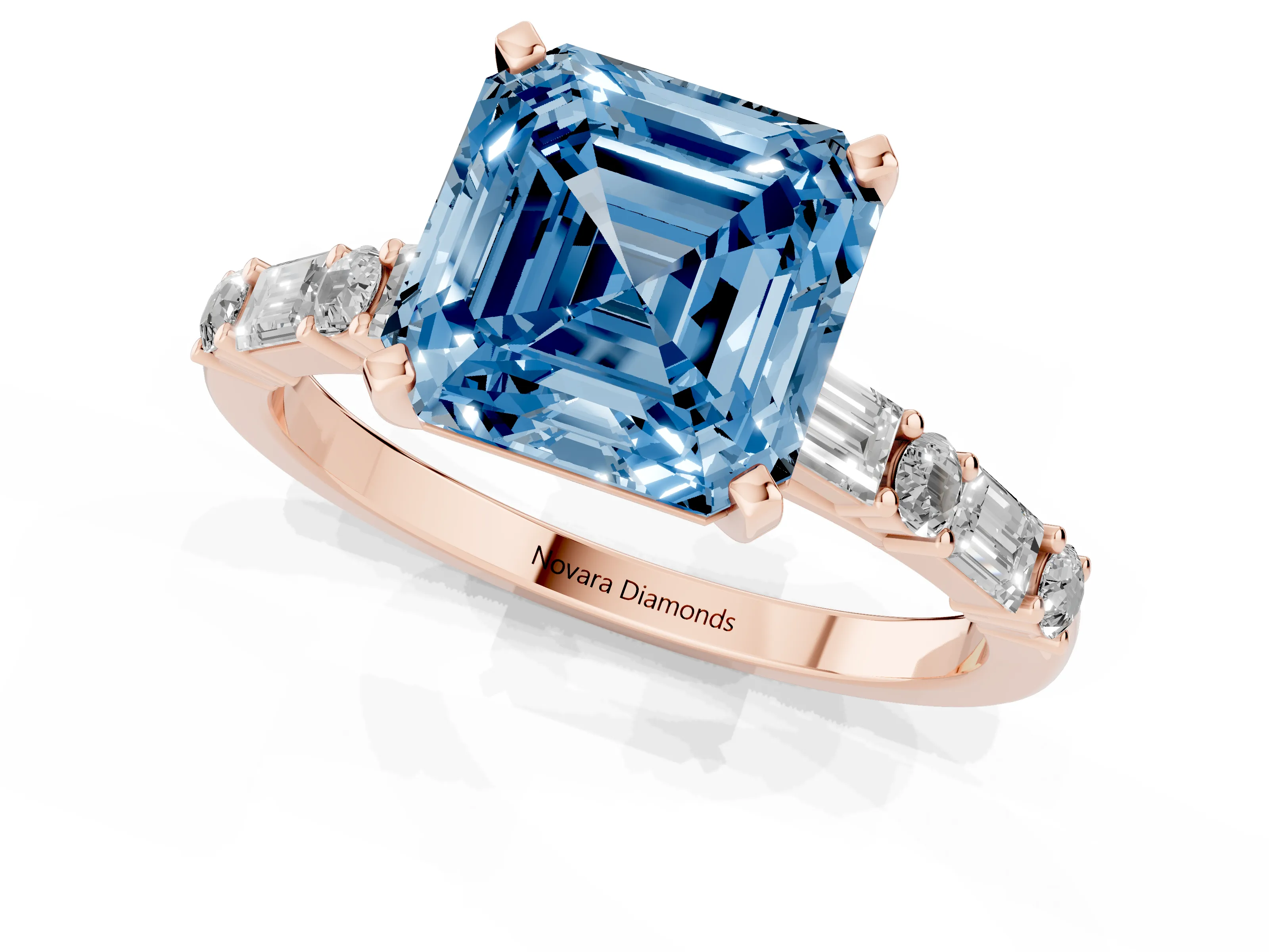 Fancy Blue Asscher Cut Diamond Solitaire Set in Rose gold with Side Baguettes and Channel Set Band