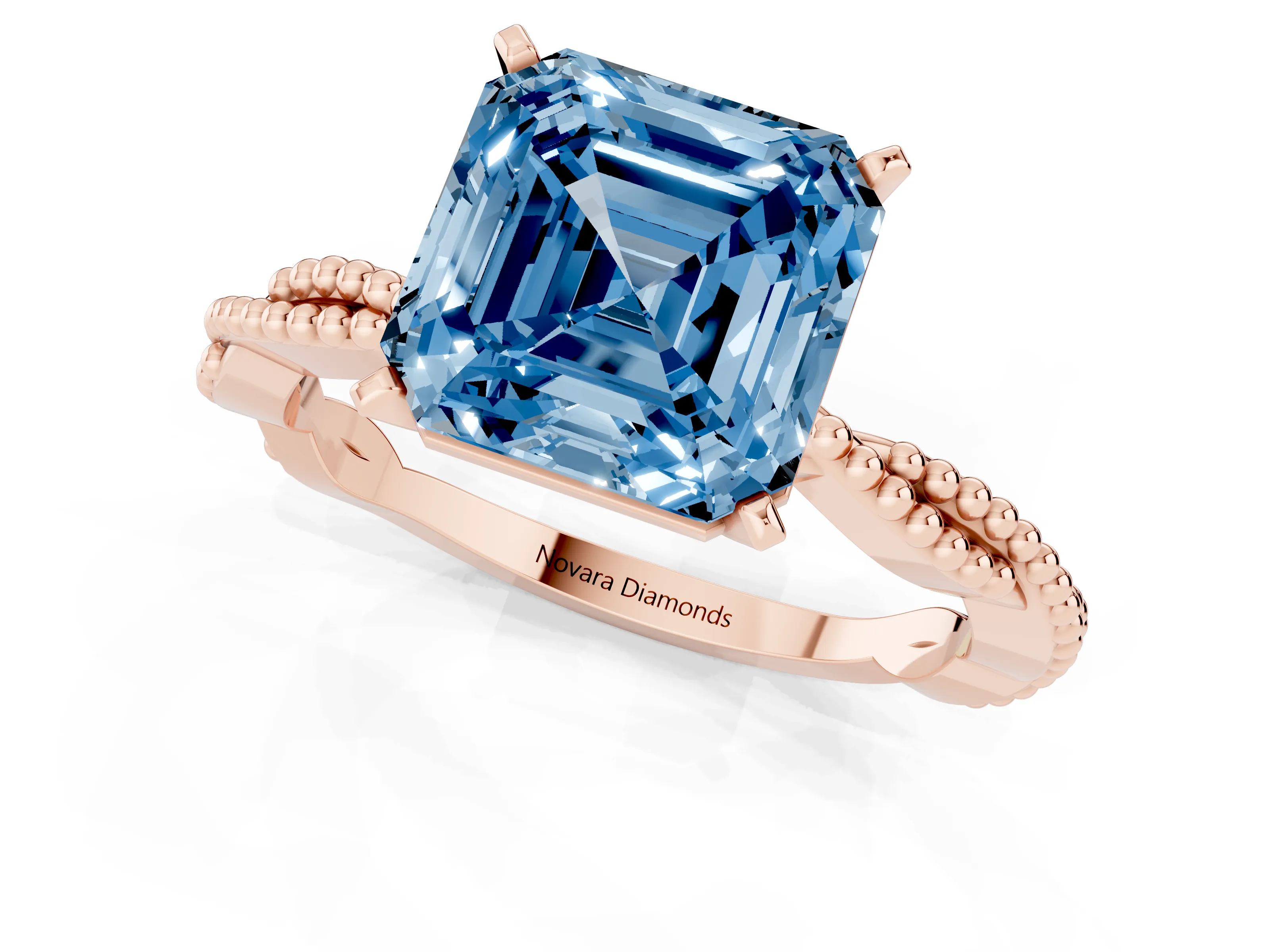 Fancy Blue Asscher Cut Diamond Solitaire Ring Set in Rose gold with Twisted Band and Bead Prong Setting