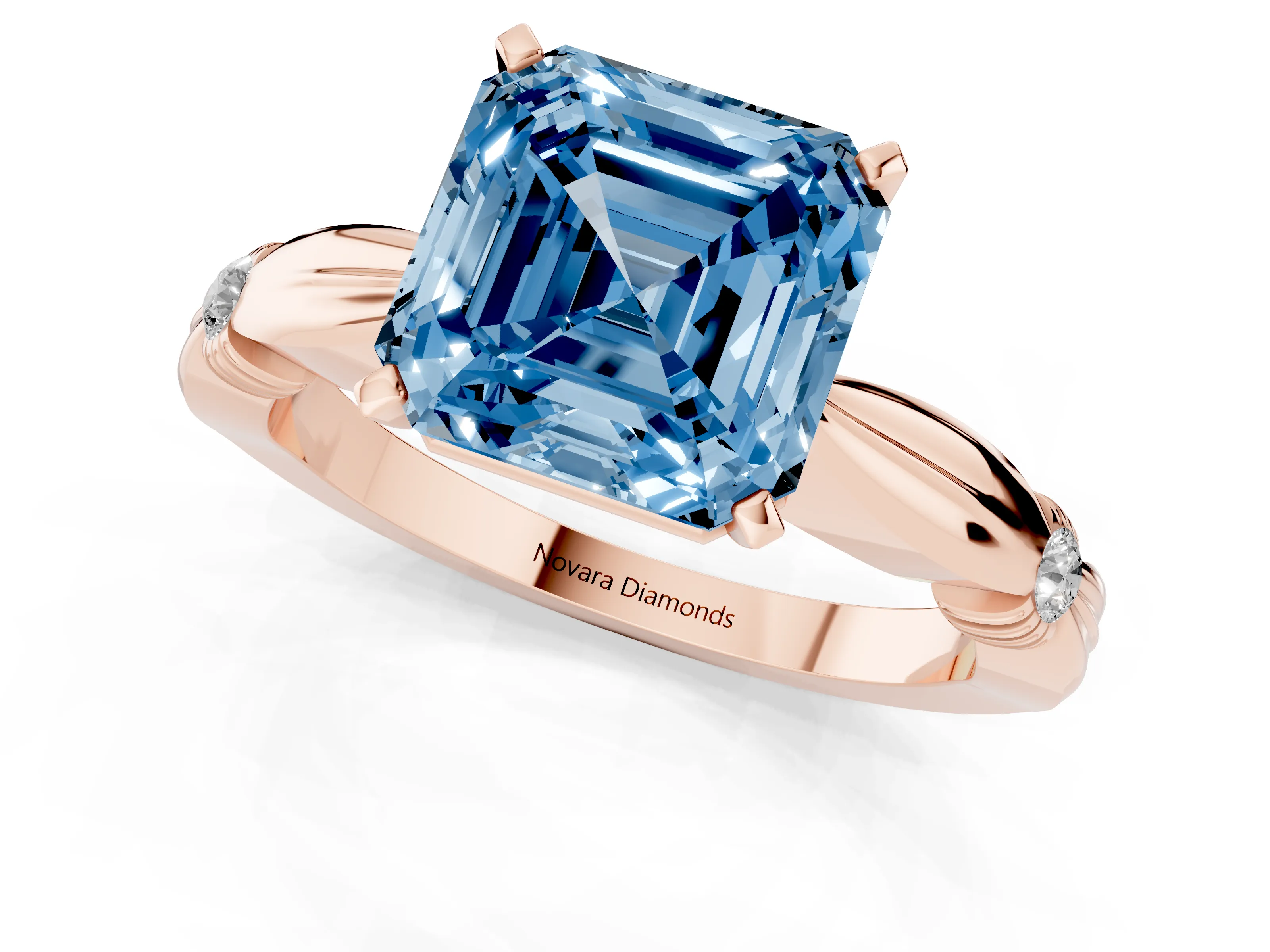 Fancy Blue Asscher Cut Diamond Solitaire Twisted Band Ring Set in Rose gold with Accent Stones and Prong Setting – second view