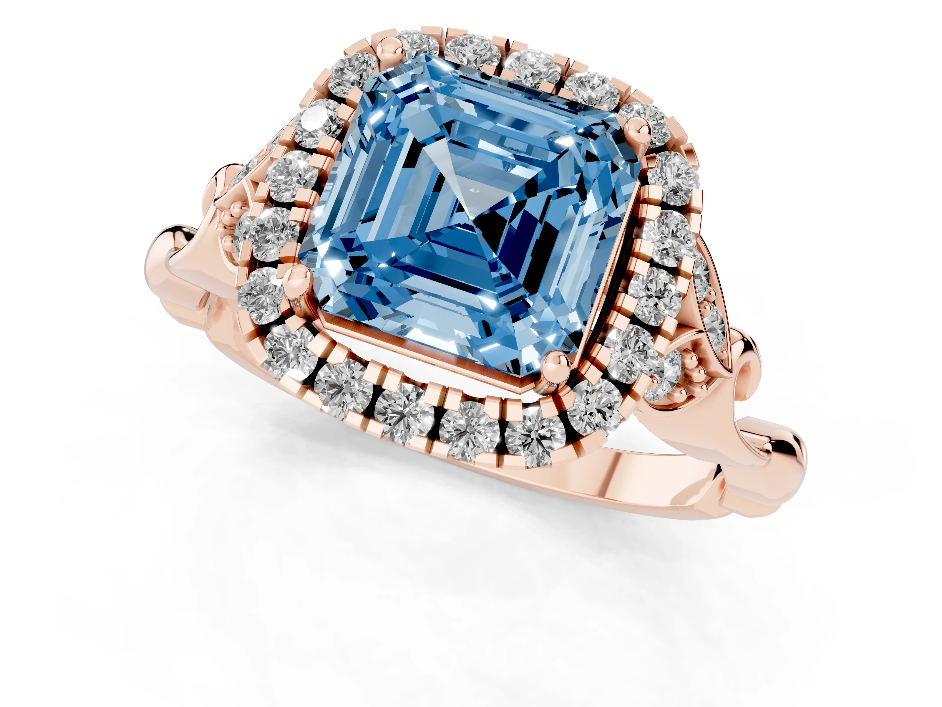 Fancy Blue Asscher Cut Diamond Halo Engagement Ring Set in Rose gold with Vintage-Inspired Band and Prong Setting