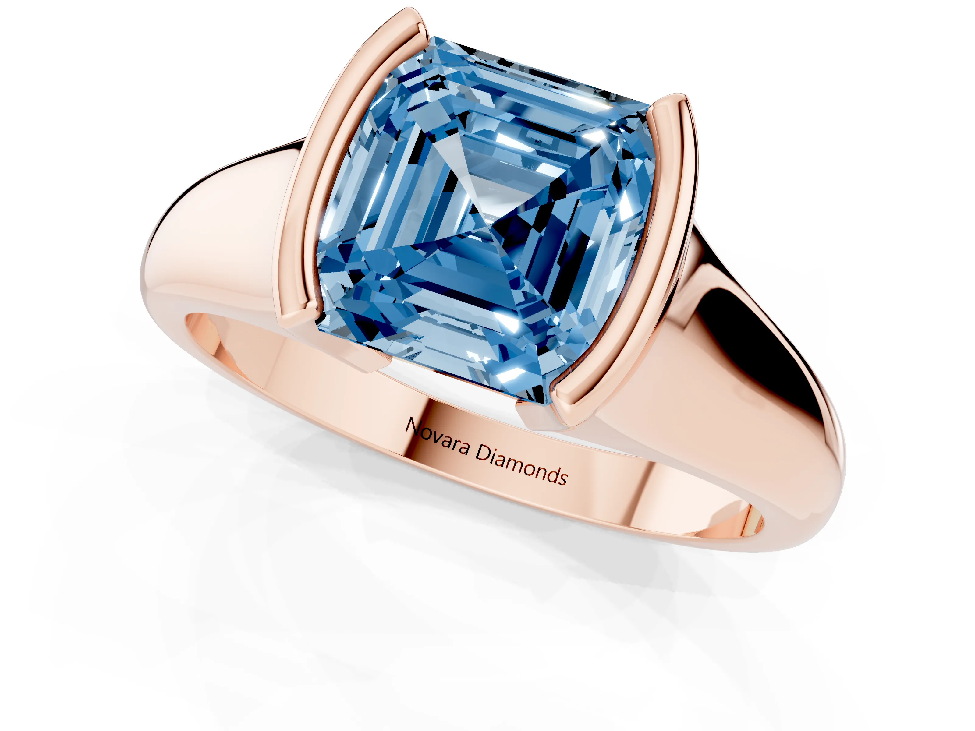 Fancy Blue Asscher Cut Diamond Solitaire Tension Set Ring Set in Rose gold with Split Shank Band