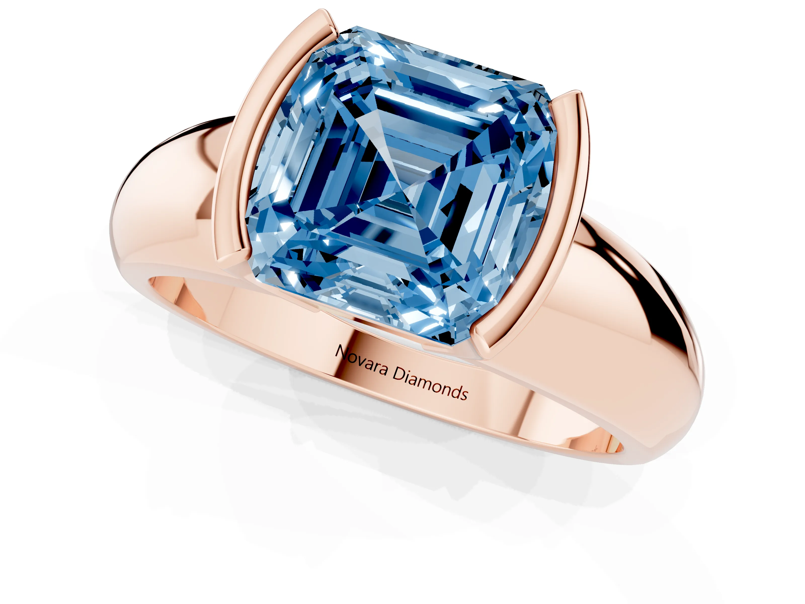 Fancy Blue Asscher Cut Diamond Solitaire Tension Set Ring Set in Rose gold with Wide Band