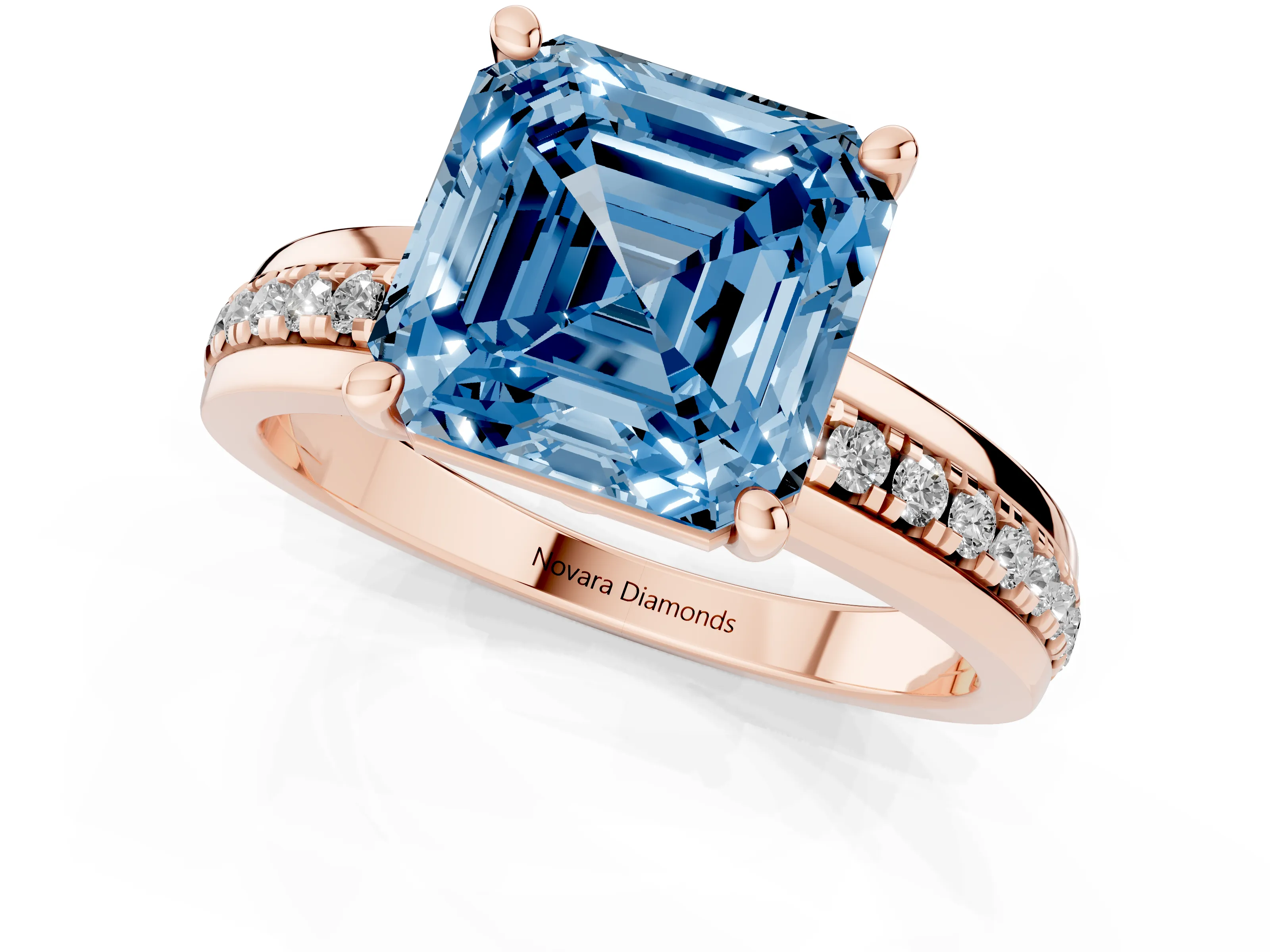 Fancy Blue Asscher Cut Diamond Solitaire Ring Set in Rose gold with Channel Set Band and Prong Setting