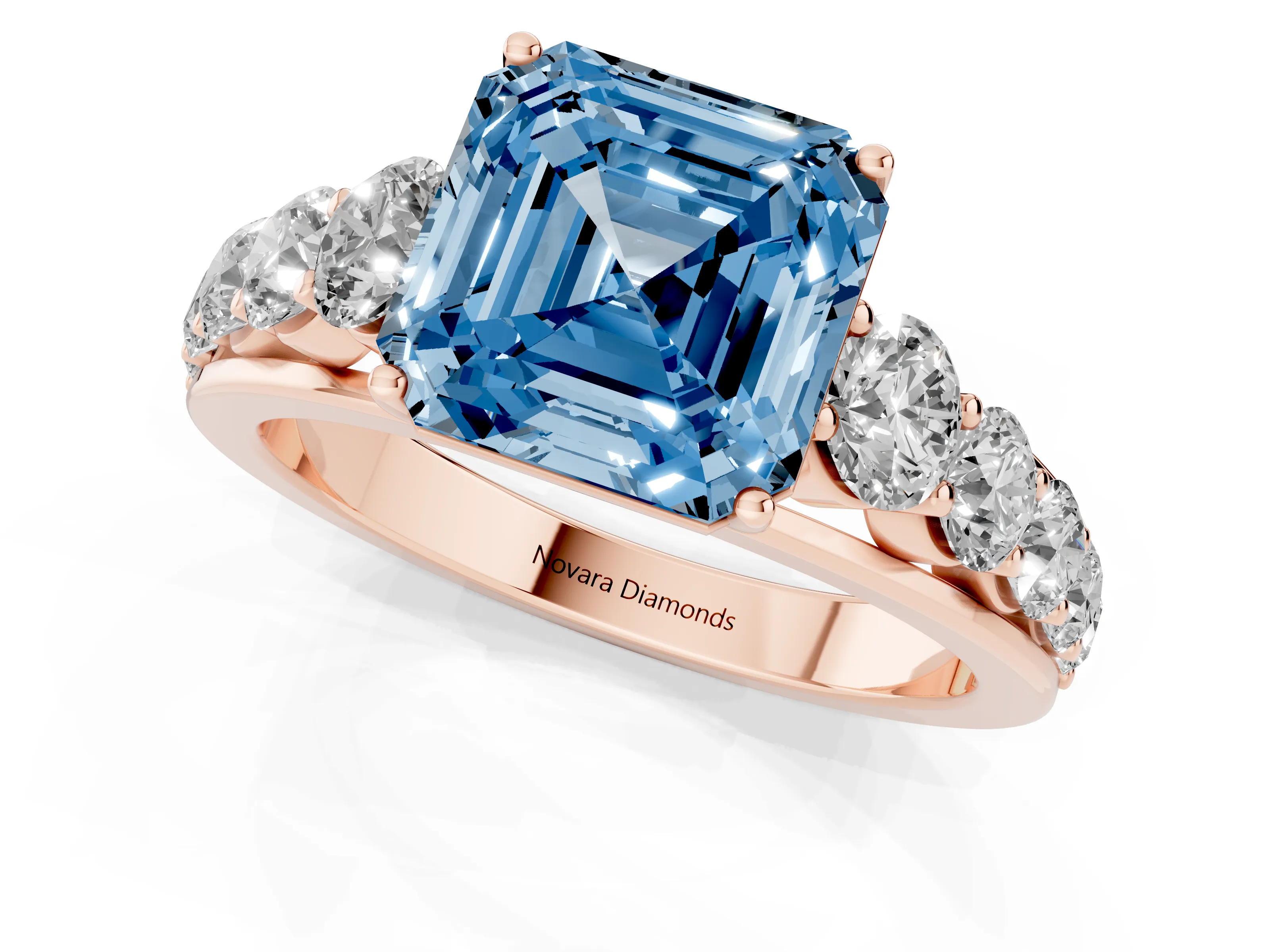 Fancy Blue Asscher Cut Diamond Solitaire Ring Set in Rose gold with Pavé-Set Band and Prong Setting