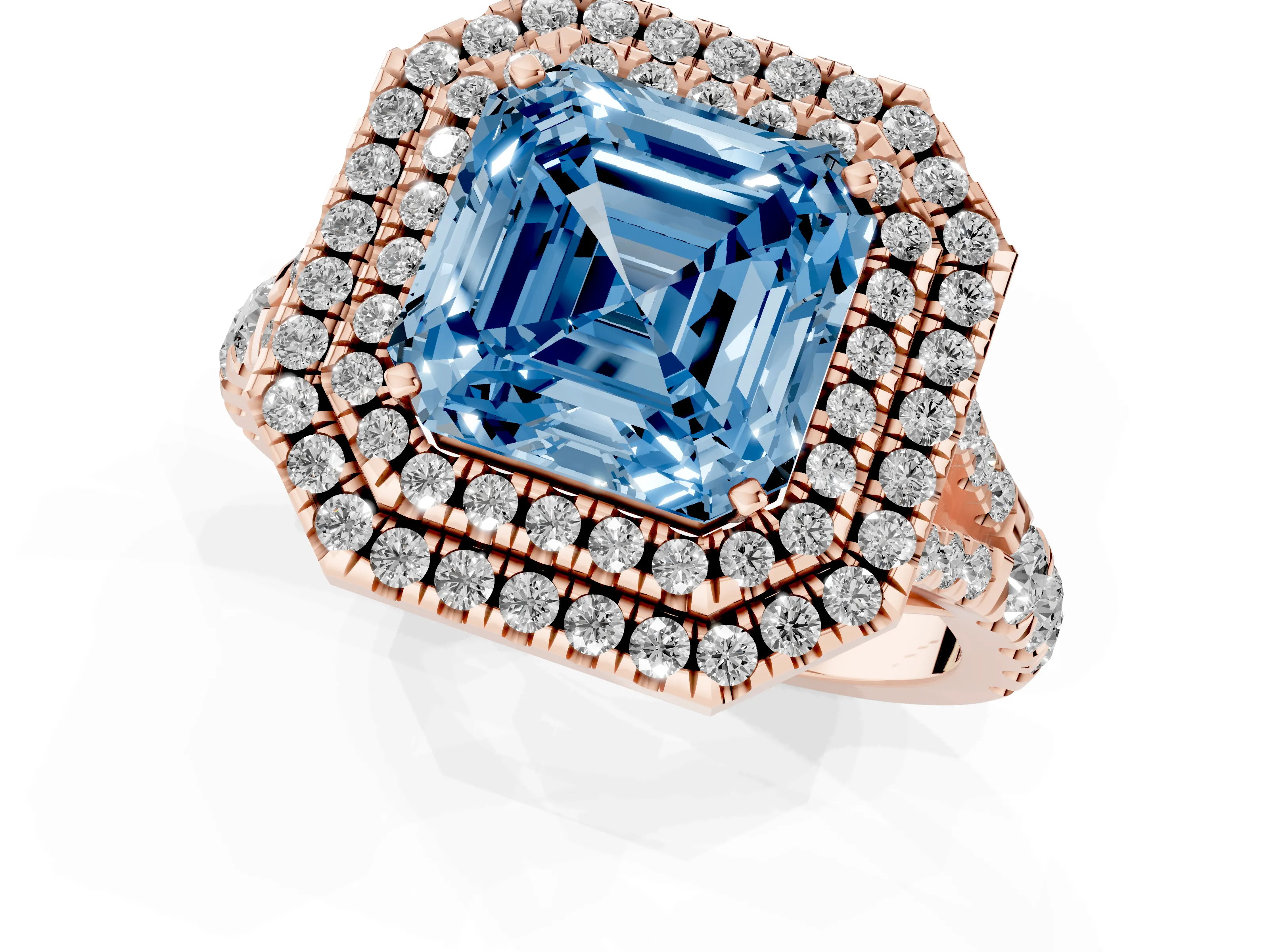 Fancy Blue Asscher Cut Diamond Pavé Split Shank Double Halo Engagement Ring Set in Rose gold – second view