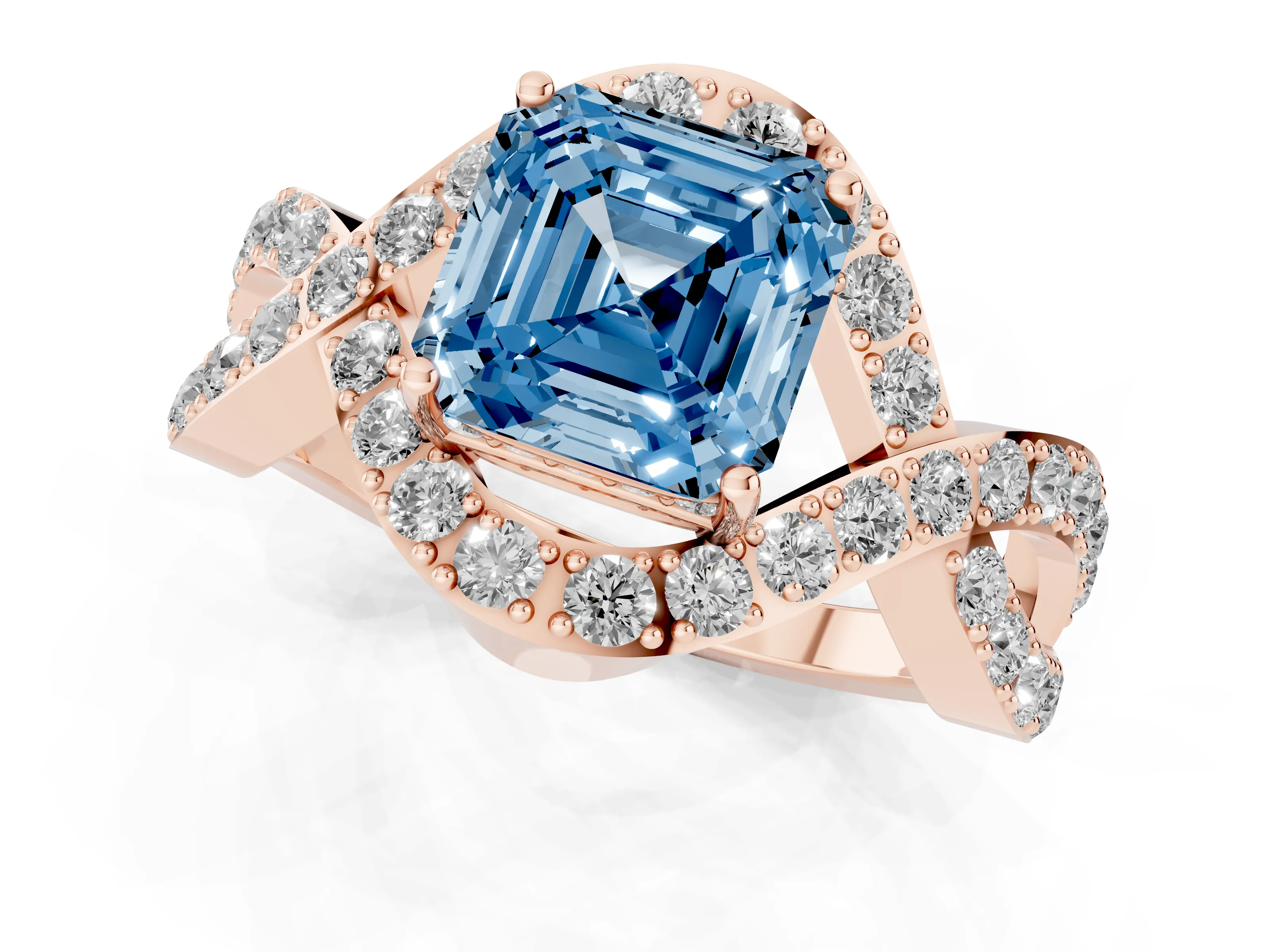 Fancy Blue Asscher Cut Diamond Solitaire Twist Band Pavé Engagement Ring Set in Rose gold