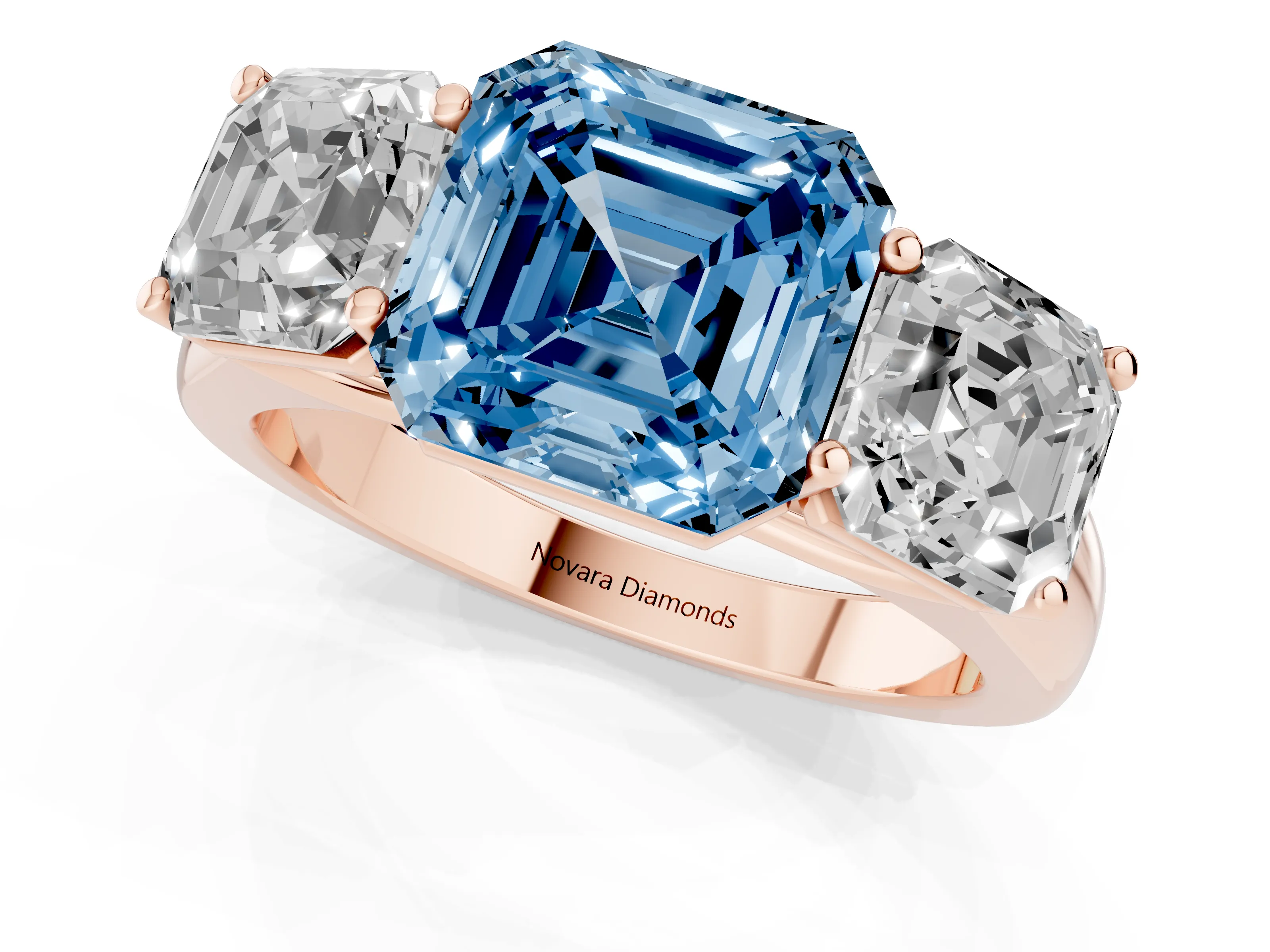 Fancy Blue Asscher Cut Diamond Three-Stone Ring Set in Rose gold with Plain Polished Band