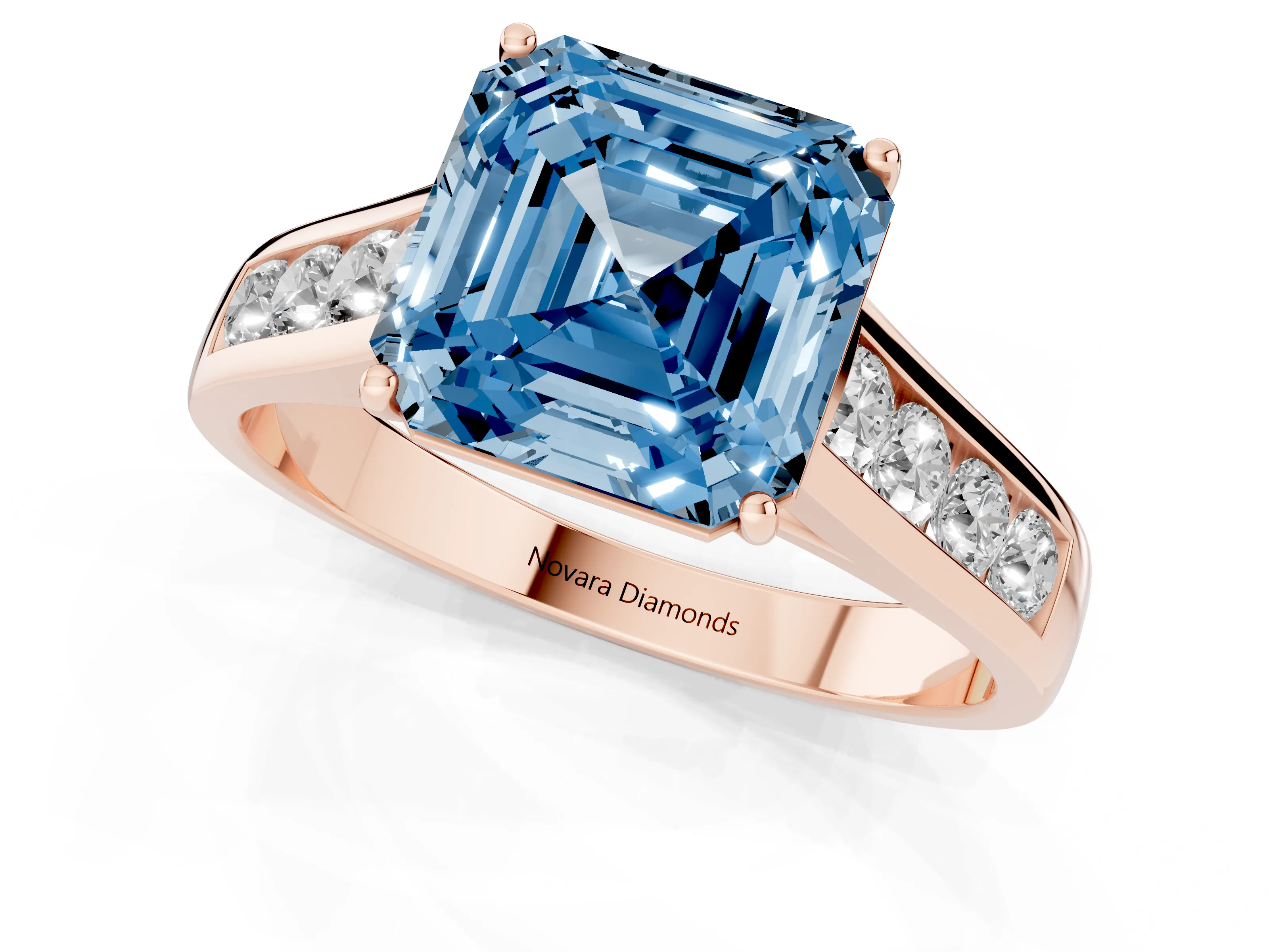 Fancy Blue Asscher Cut Diamond Brilliant Channel-Set Solitaire Ring Set in Rose gold with Prong Setting