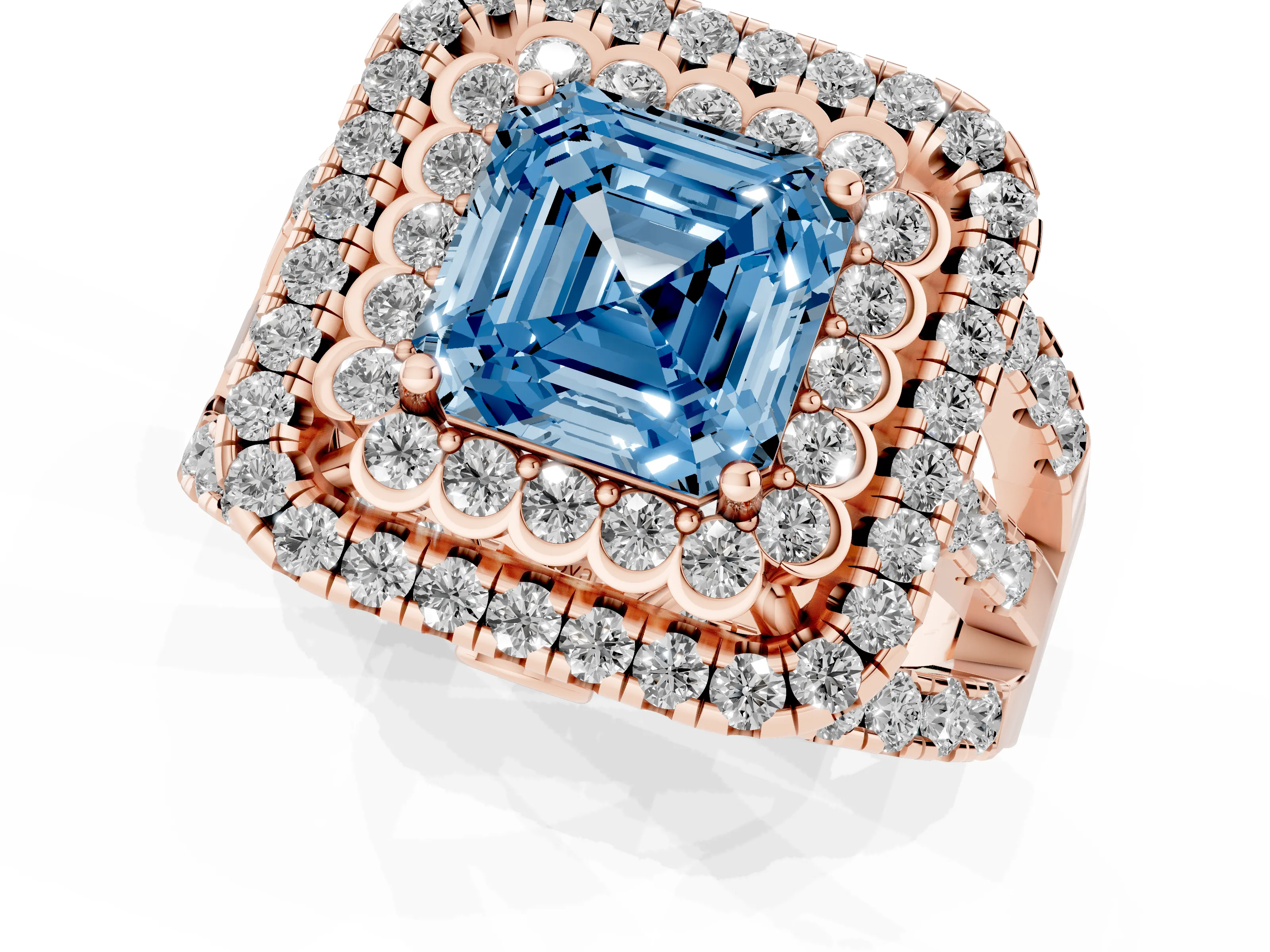 Fancy Blue Asscher Cut Diamond Double Halo Ring Set in Rose gold with Round Pavé Split Shank