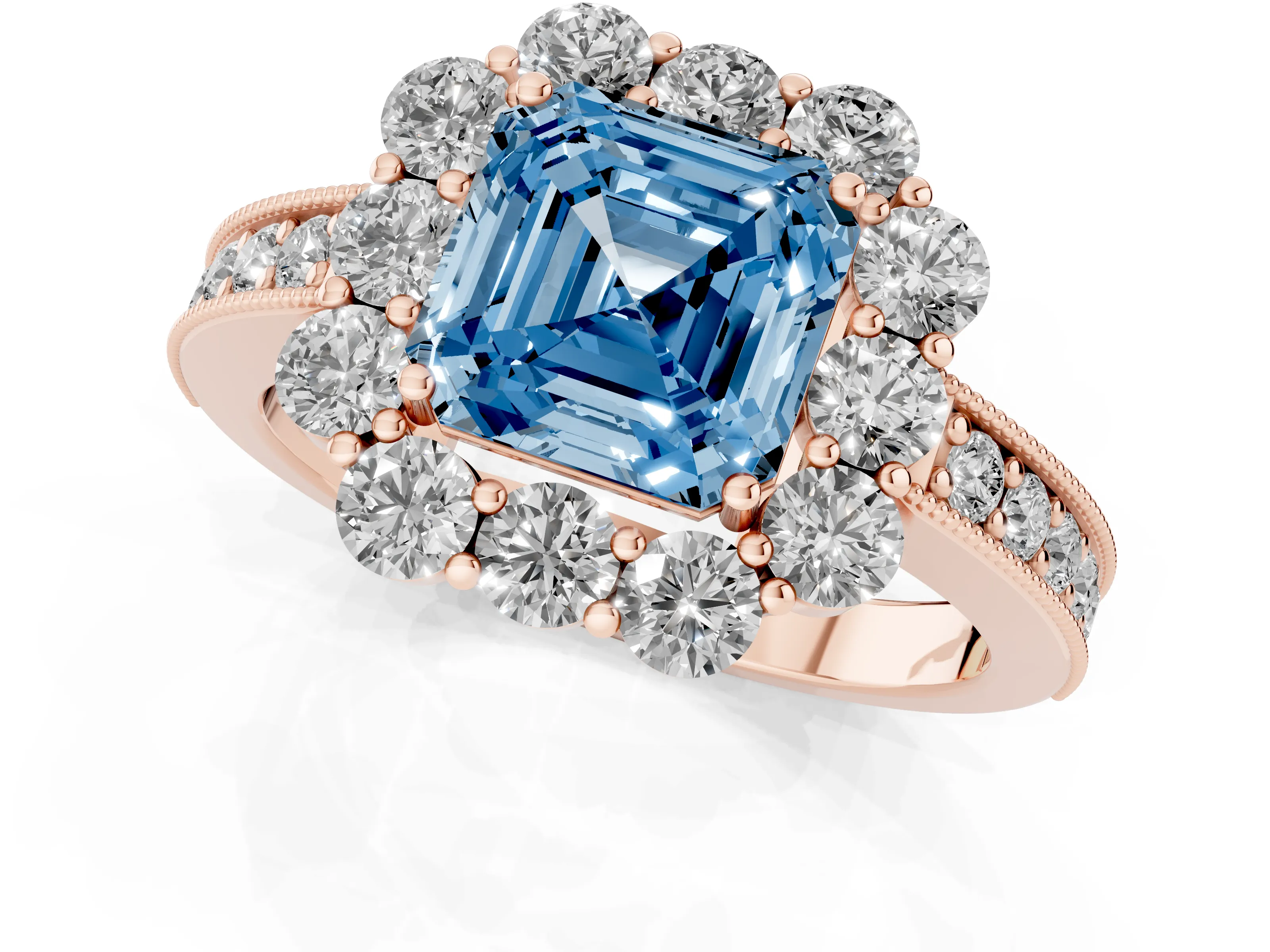 Fancy Blue Asscher Cut Diamond Halo Pavé Engagement Ring Set in Rose gold with Milgrain Detailing