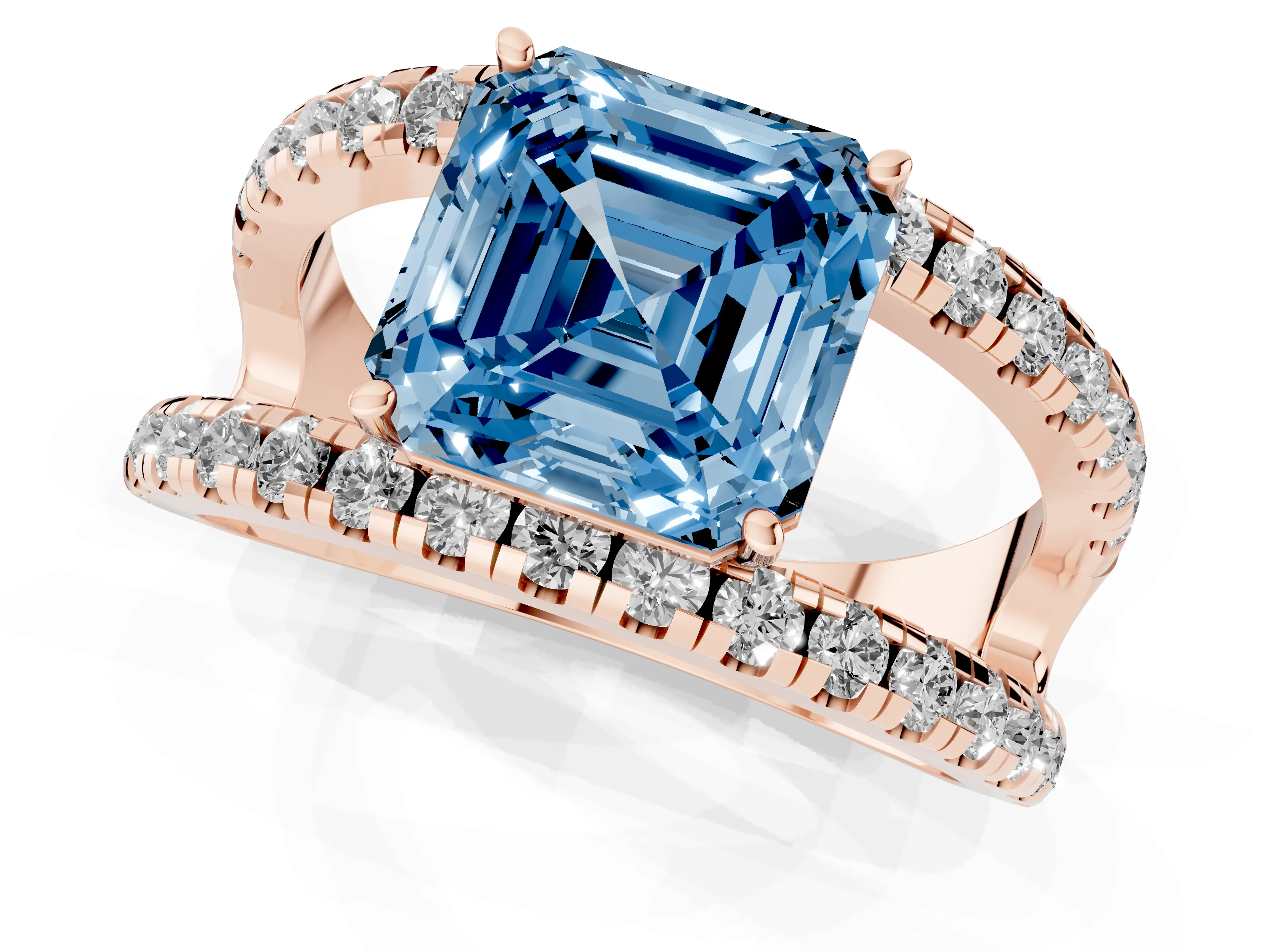 Fancy Blue Asscher Cut Diamond Split Shank Pavé Solitaire Ring Set in Rose gold with Open Shank Design