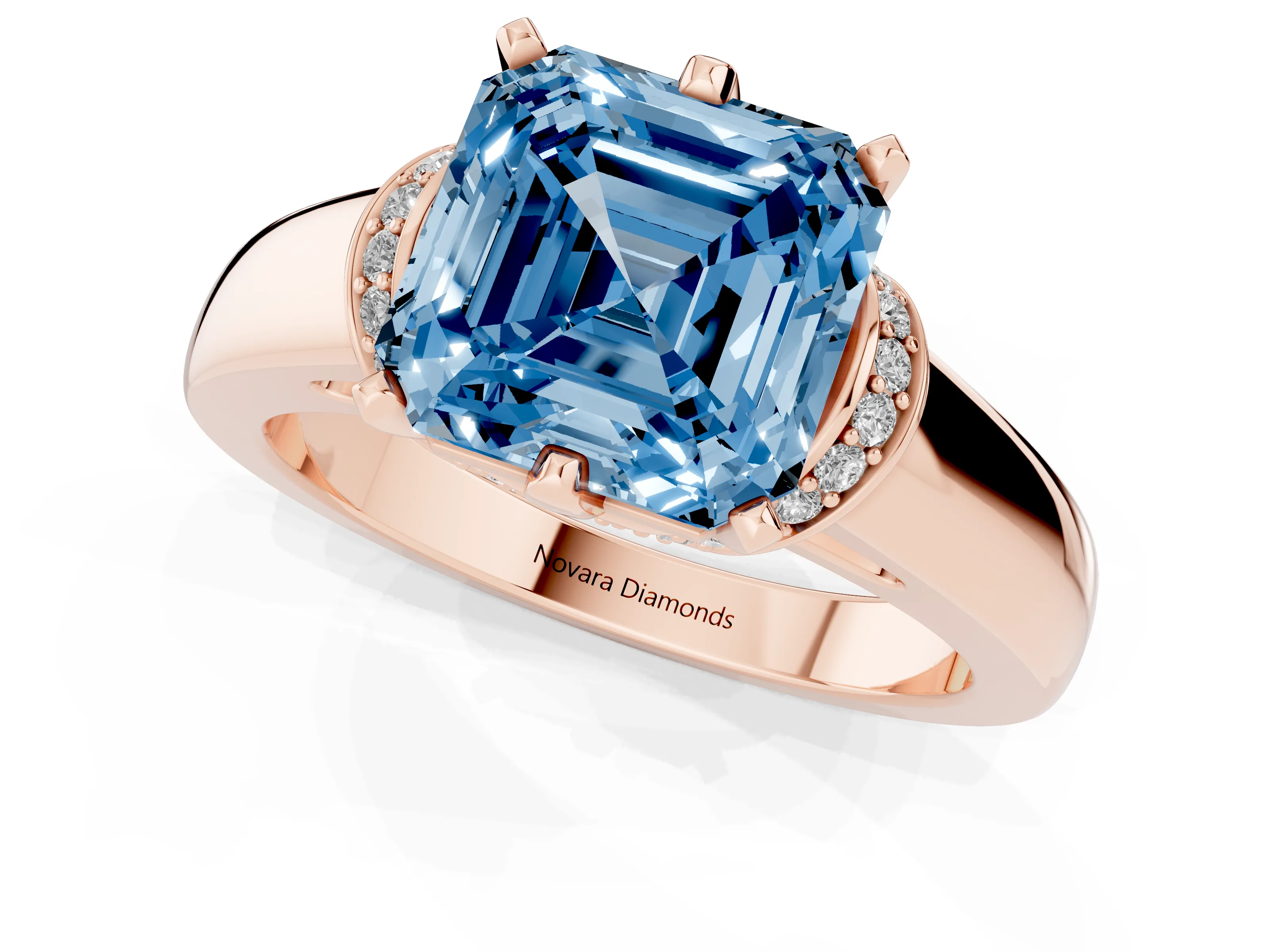 Fancy Blue Asscher Cut Diamond Pavé Band Solitaire Ring Set in Rose gold with Prong Setting