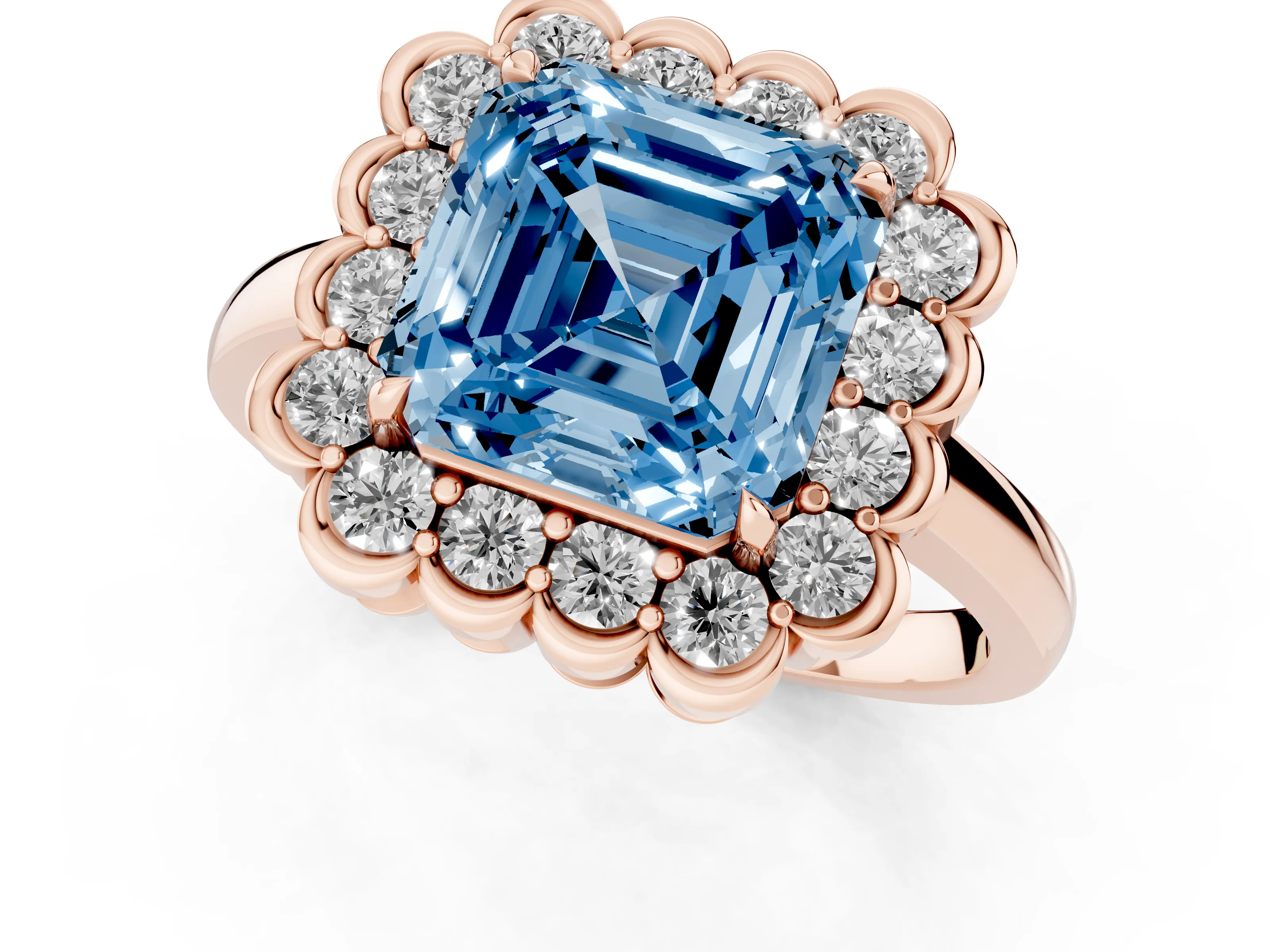 Fancy Blue Asscher Cut Diamond Halo Cluster Engagement Ring Set in Rose gold with Solitaire Band and Prong Setting
